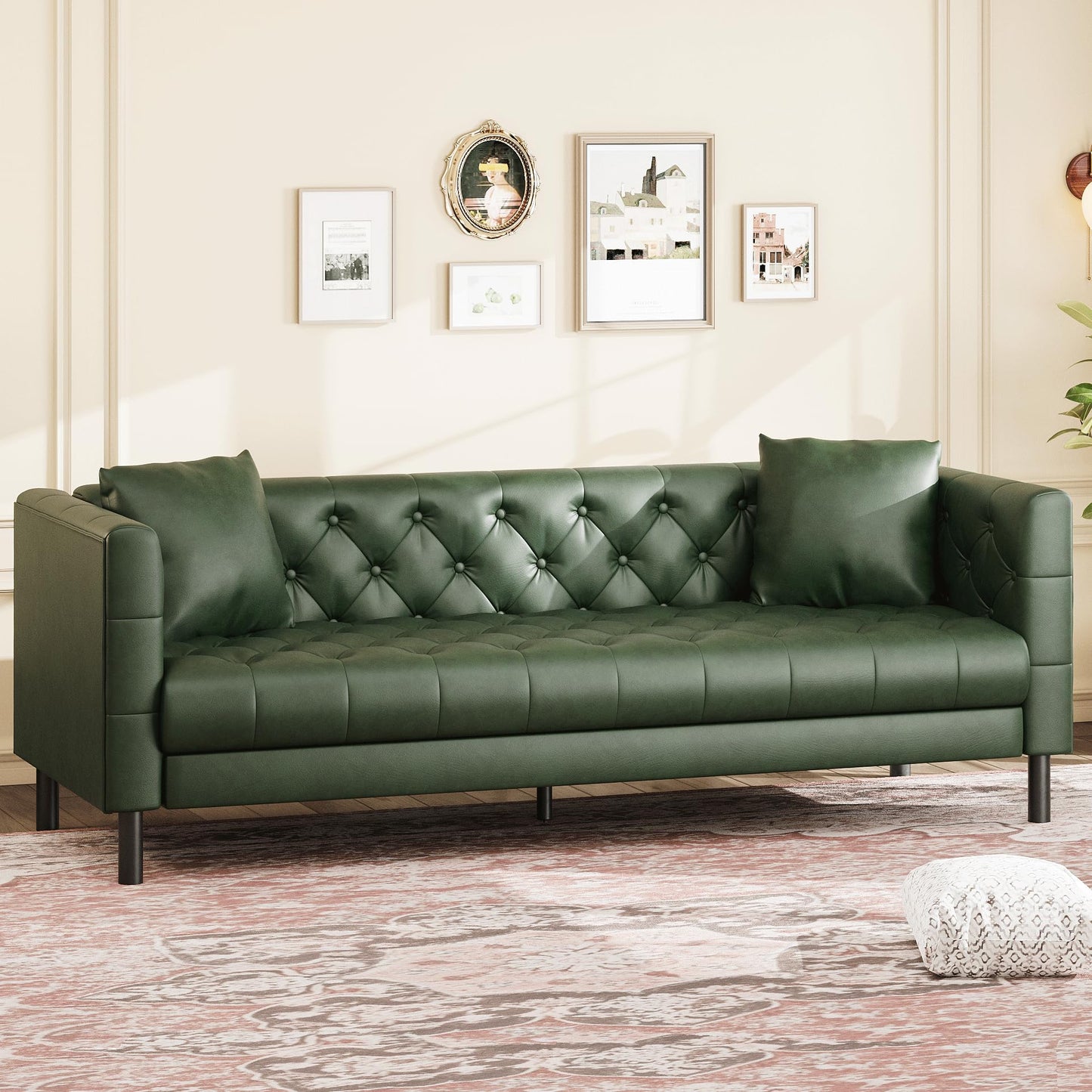 IDEALHOUSE Mid Century Modern Leather Sofa 81 inch, 3 Seater Chesterfield Couch with Deep Seats, Button Tufted Back, Faux Leather Living Room Sofa with 2 Pillows for Apartment Office, Green