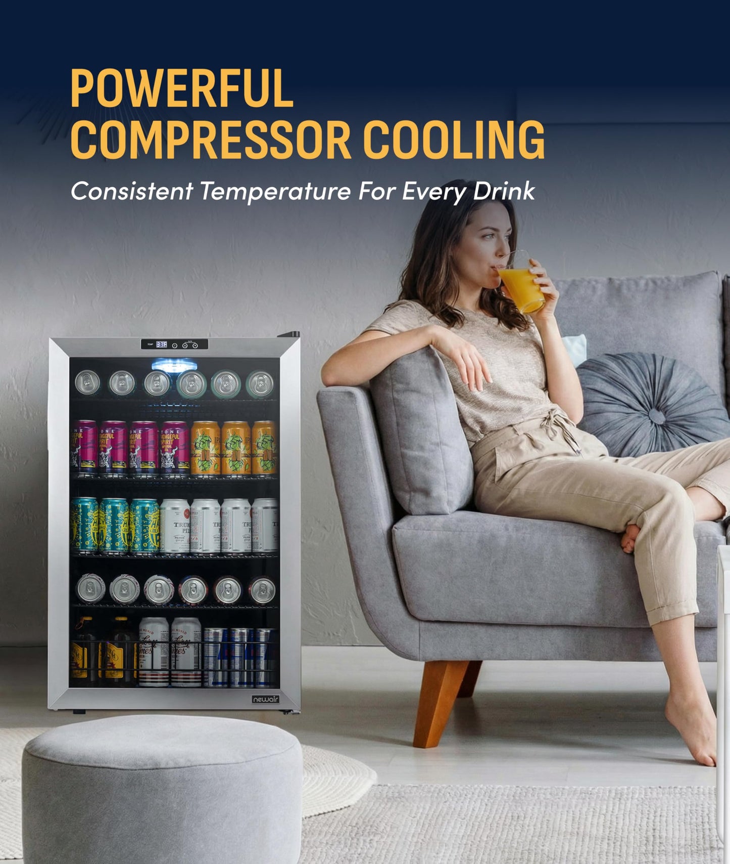 NewAir 160 Can Beverage Refrigerator | Freestanding Small Mini Fridge for Bedroom, Home Bar or Living Room | SplitShelf Storage, Digital Thermostat & LED Light | Stainless Steel