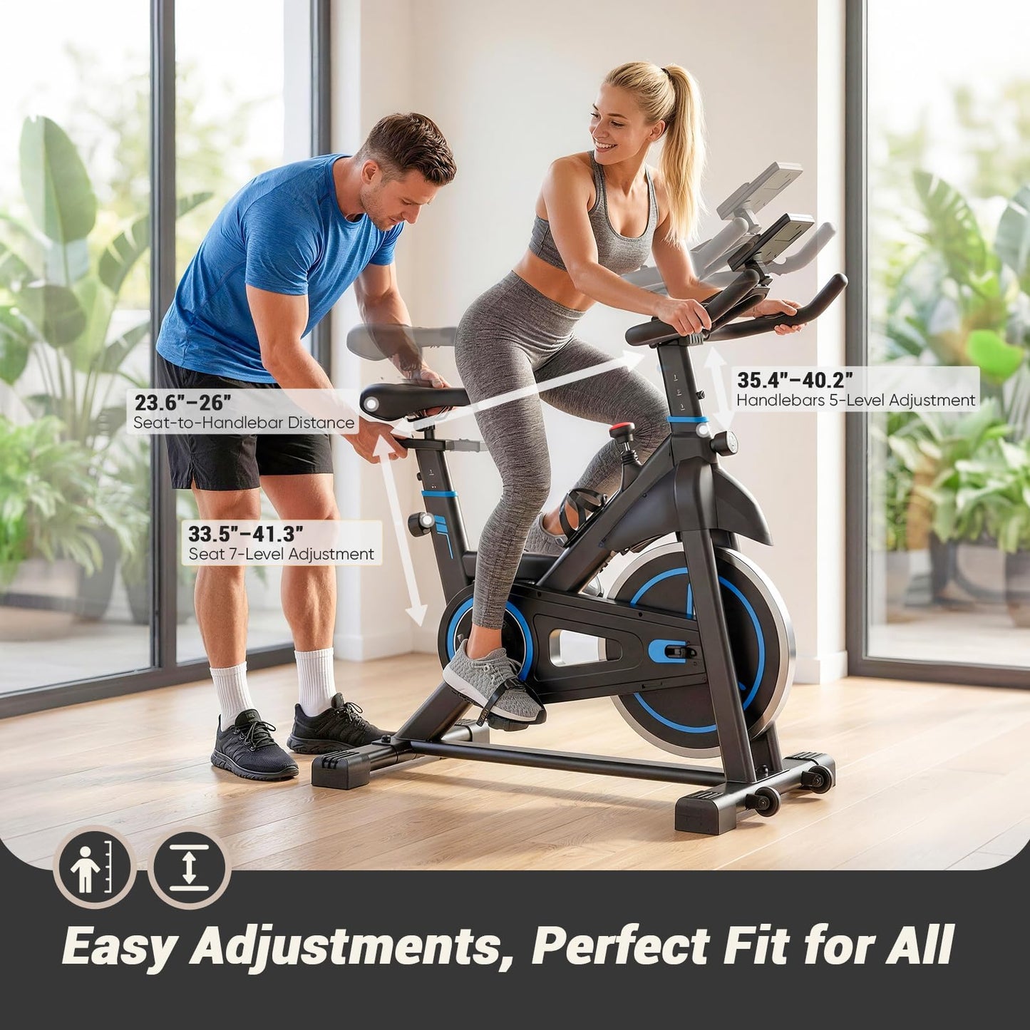 DUMOS Exercise Bike with APP, Stationary Bikes for Home, Workout Bike for Adults & Seniors, Adjustable Height and Resistance, Low Noise, 265lbs Weight Capacity, Easy Setup, Black&Blue
