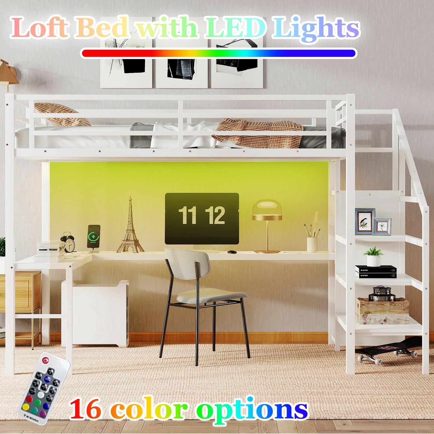 Bellemave Full Size Metal Loft Bed with L Shaped Desk and Wardrobe, Heavy Duty Loft Bed Frame with Storage Stairs, LED Loft Bed Frame with Charging Station & Safety Guardrails, White
