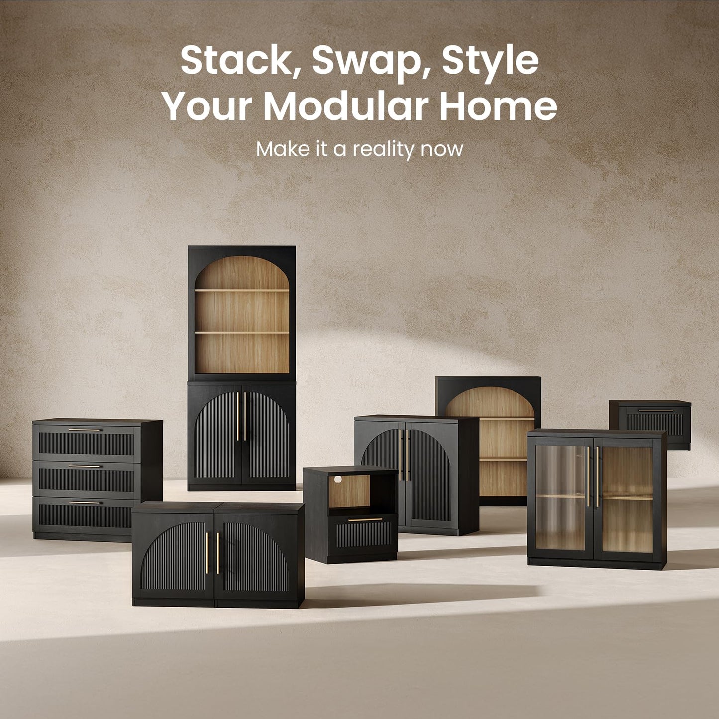 ModernMate 3 Drawer Dresser for Bedroom, Black Wood Grain Wide Nightstand and Chest of Drawers with Wave-Panel Front, 31" Tall Modular Storage Cabinet for Living Room
