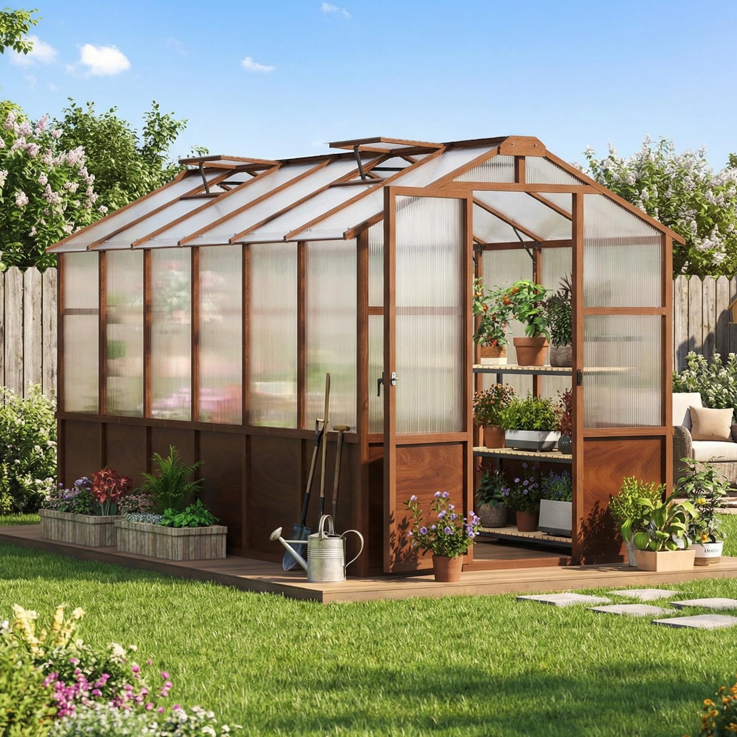 Jocoevol 6x12FT Greenhouse for Outdoors, Wooden Frame Polycarbonate Green House w/ Adjustable Roof Vent and Lockable Door Handle, Walk-in Greenhouses for Outside Garden Backyard