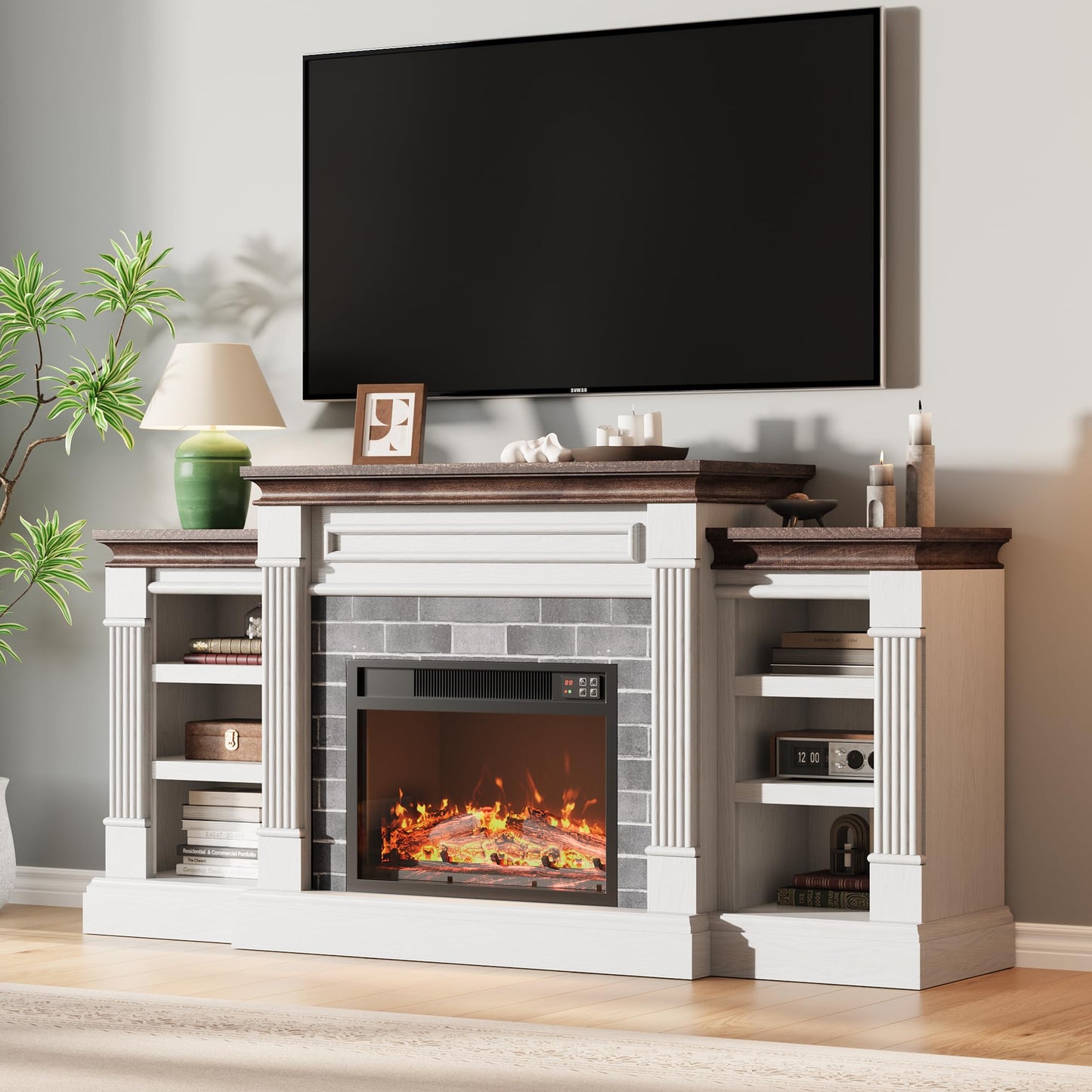GarveeHome 71'' Fireplace TV Stand with 23'' Electric Fireplace, Mid Century TV Console, Entertainment Center with Storage for Living Room, Bedroom