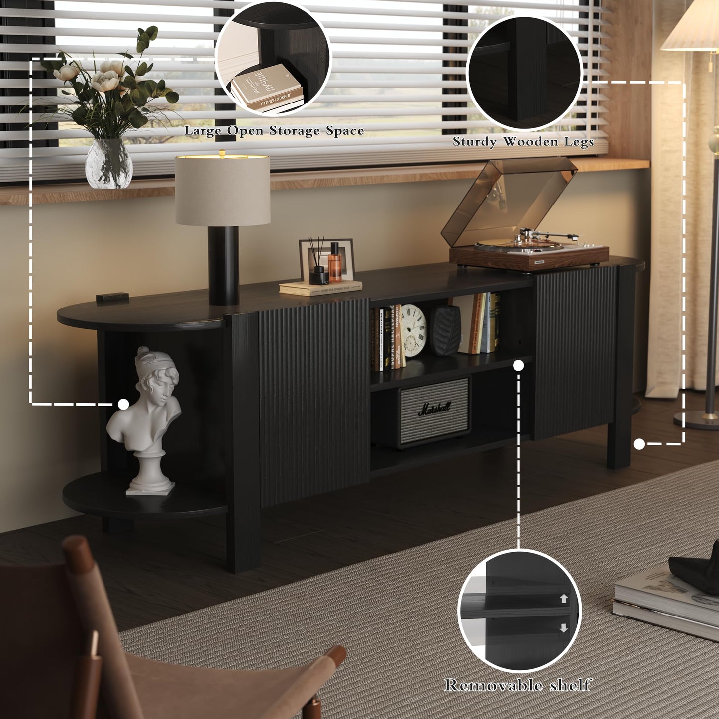ZOSQUARE 65 Inch TV Stand for Up to 75 inch TVs, Fluted Entertainment Center with Adjustable Shelve, Curved Round Corner TV Console Table with Storage for Living Room, Bed Room (Black)