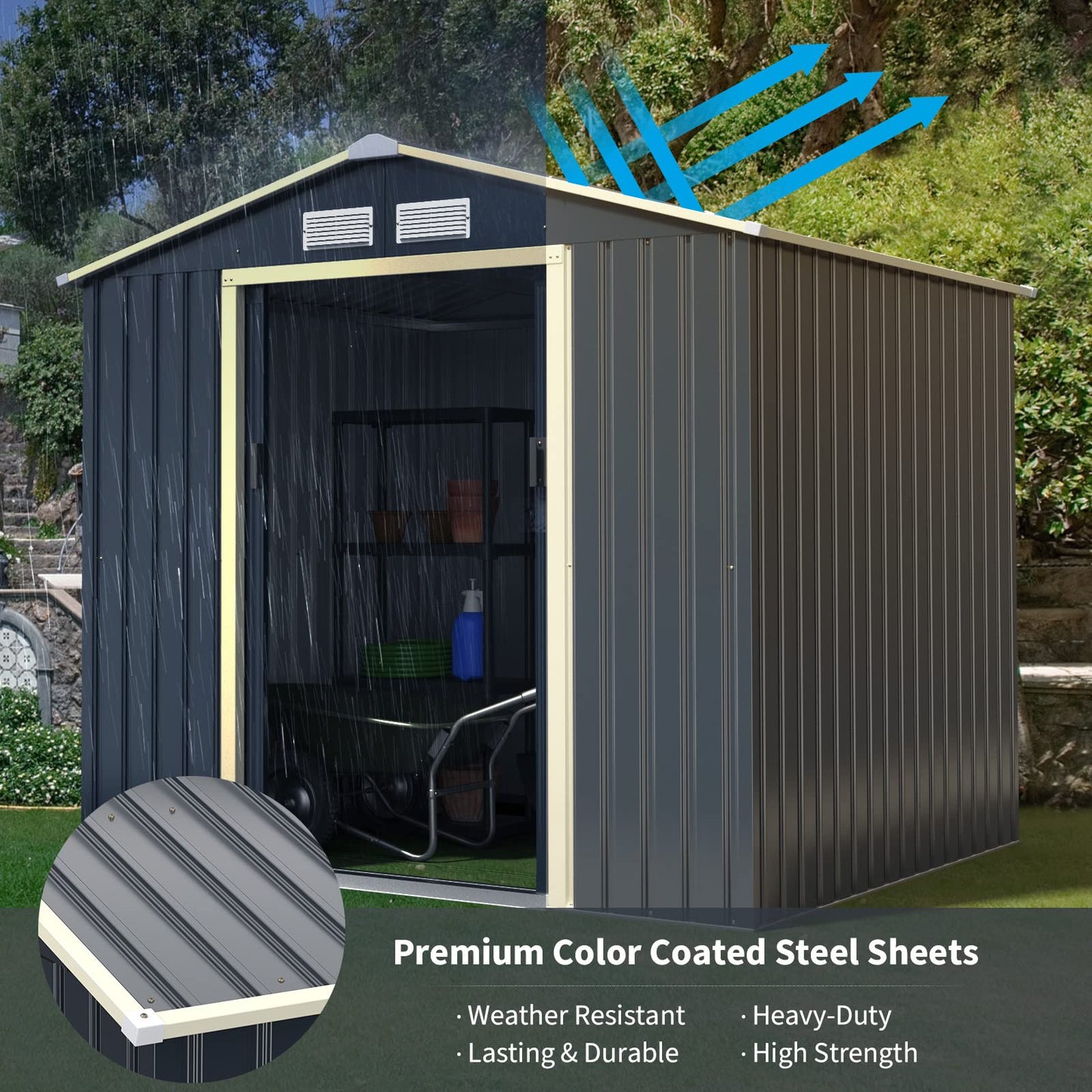 Goplus Storage Shed, Metal 7' X 6' Outdoor Building Organizer with 4 Vents & Double Sliding Door for Garden Backyard Farm (7'X6')