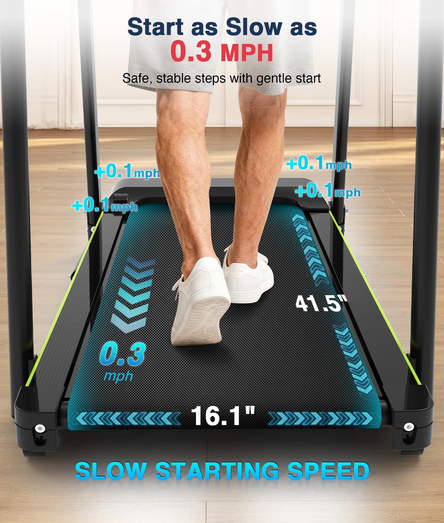 Redliro Walking Treadmill for Seniors with Long Handrails - 0.3 MPH Slow Start, 300 lb Capacity Recovery Foldable Treadmill for Home, 0–2% Incline Fully Flat, Auto Lubrication