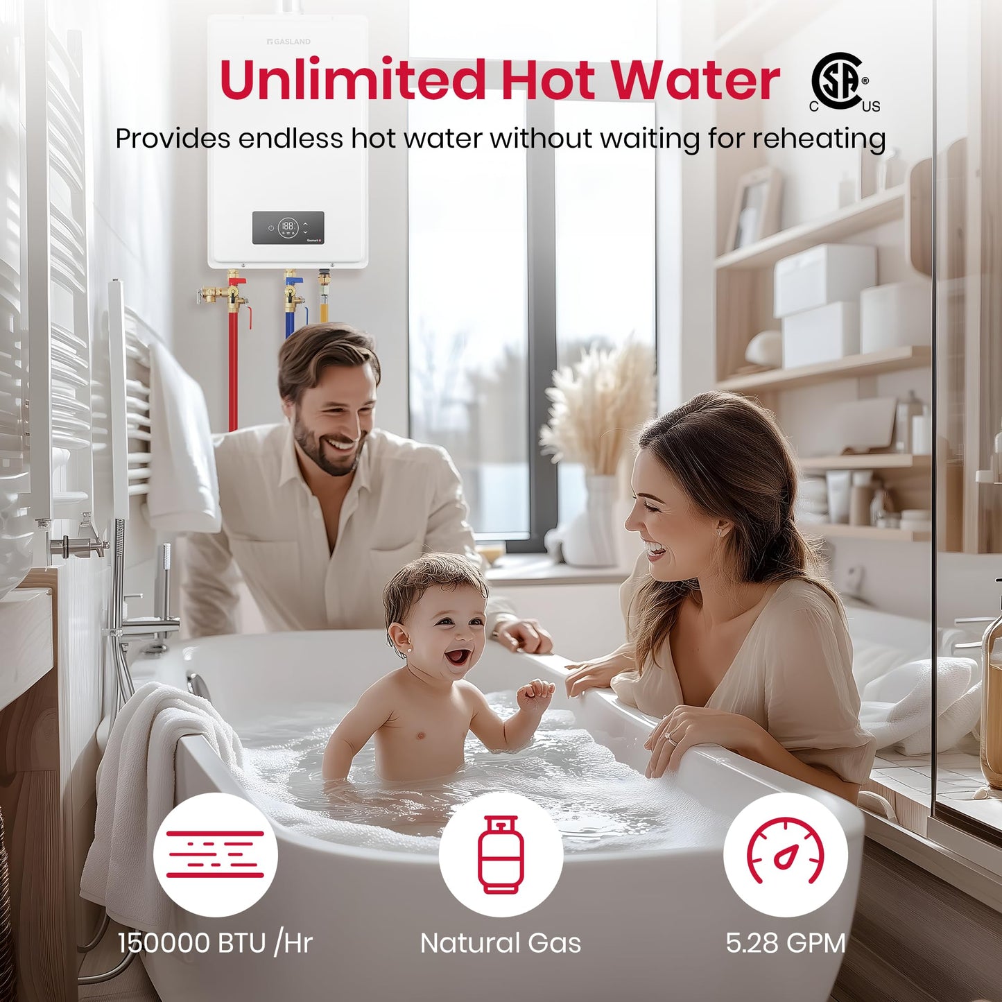 GASLAND Gasmart C 150,000 BTU, Max 5.8 GPM CSA Certified Whole House Natural Gas Tankless Water Heater | Instant Hot Water Heater, CS528NG