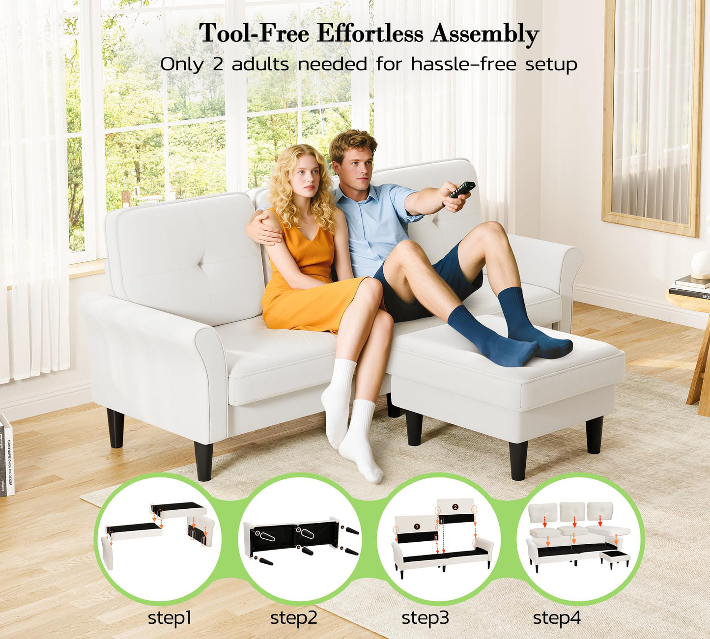 Small Sectional Couch, 83" L Shaped Couch, Comfy Velvet Couches for Living Room, Tool-Free Setup Modular Sectional Sofa, 850lbs Load Sofas for Living Room with 1 Movable Ottoman, White Couch