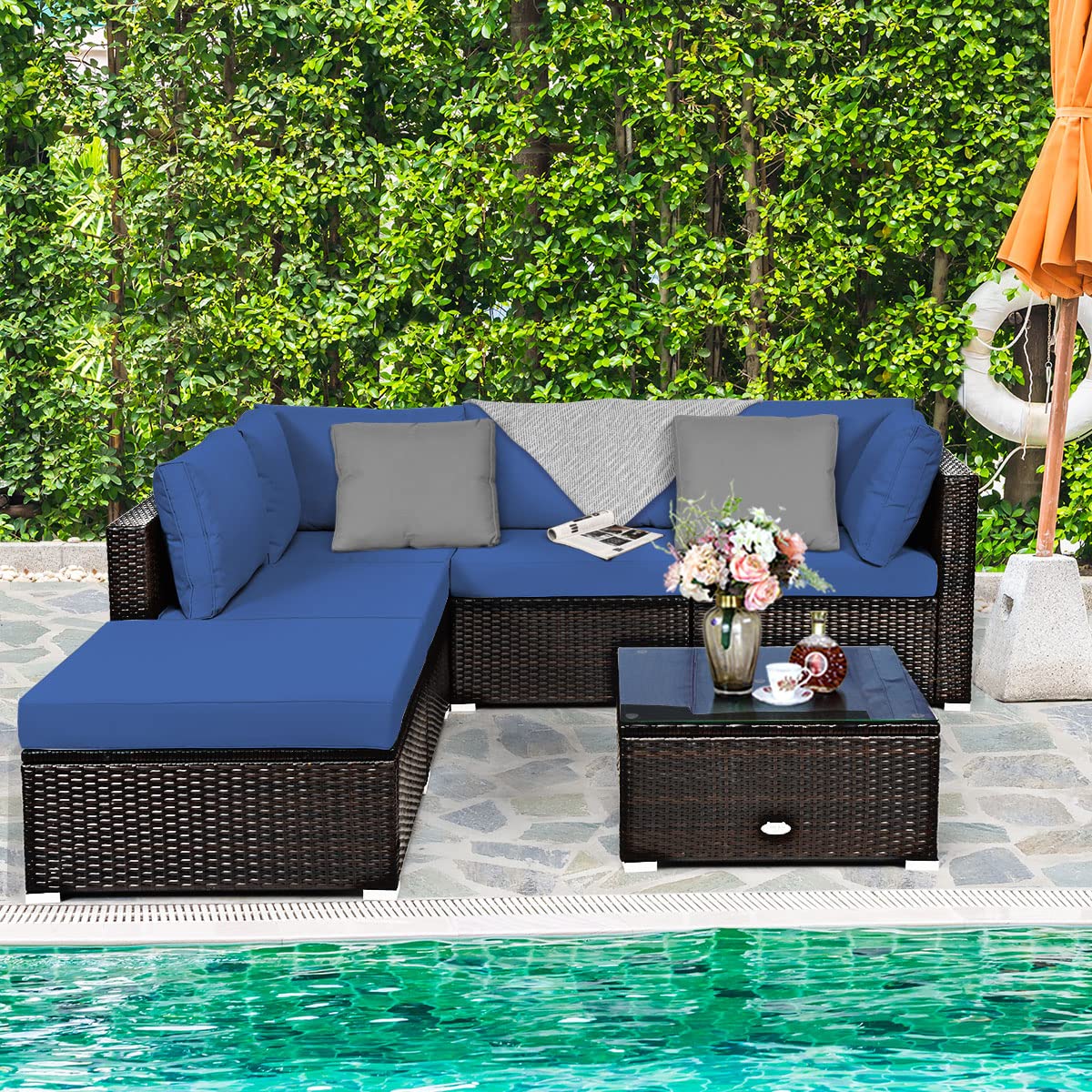 COSTWAY 6-Piece Outdoor Patio Furniture Set, Rattan Sectional Sofa Set with Tempered Glass Coffee Table, Cushions and Ottoman for Garden, Deck, Backyard (Navy)