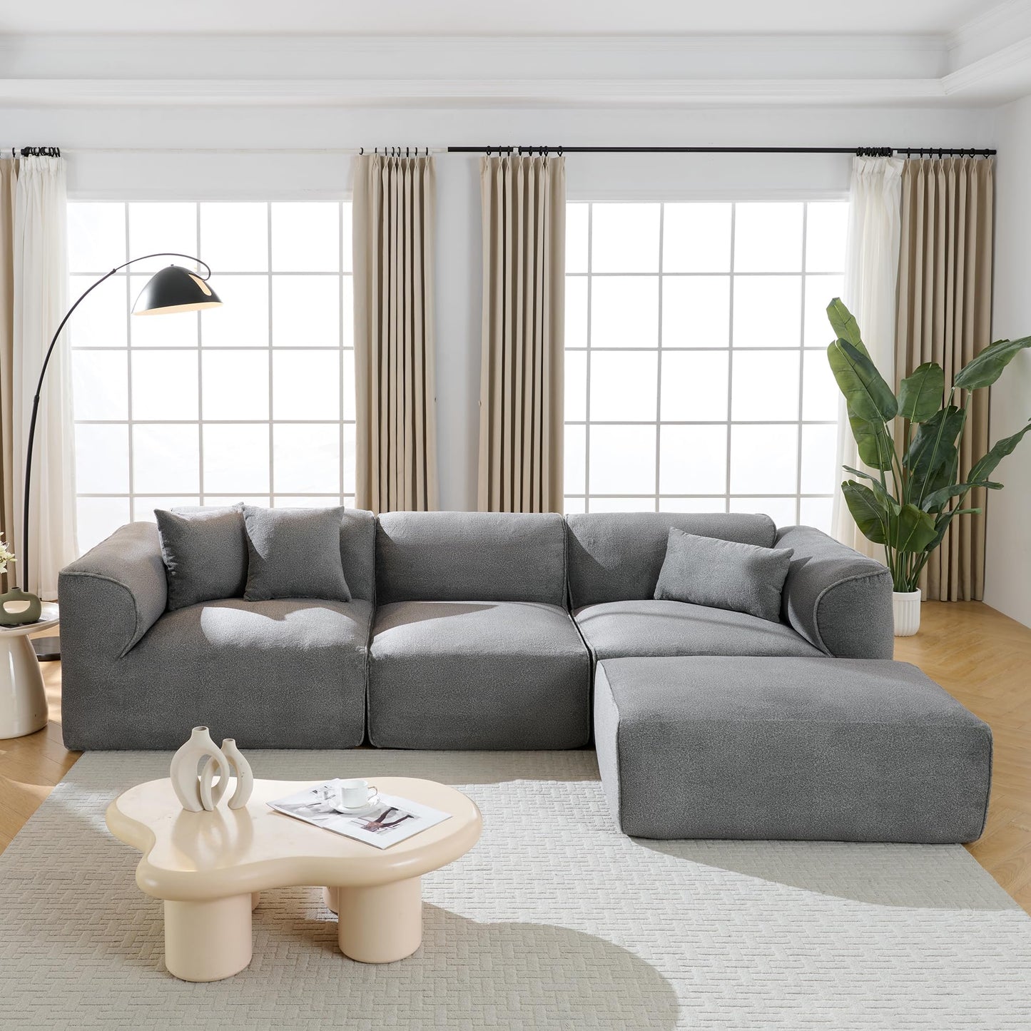 Merax Modern Oversized L-Shaped Sectional Sofa with Ottoman, Velvet 4-Seat Couch Set Sleeper Bed with 3 Throw Pillows, Gray