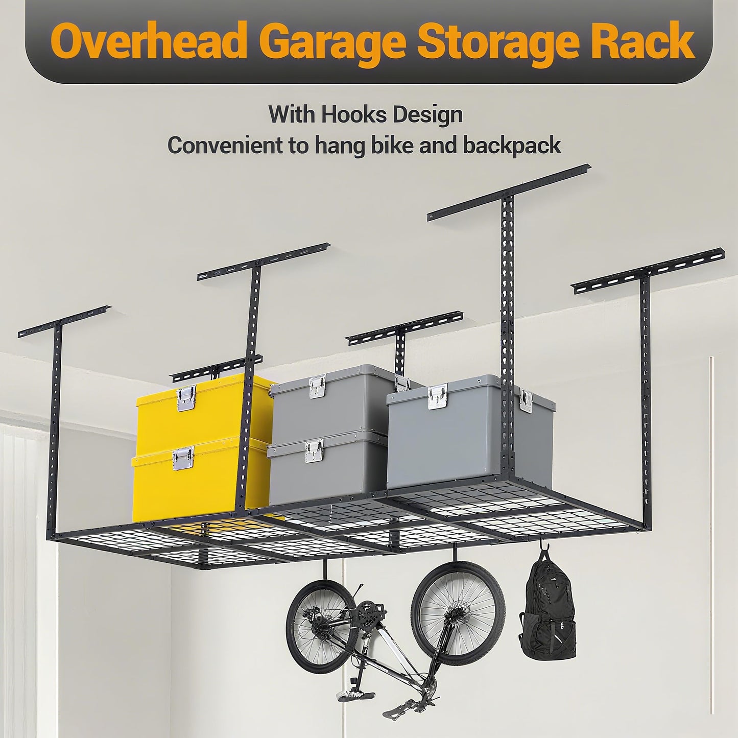 GarveeLife 3x8 ft Heavy Duty Overhead Garage Storage Rack, Adjustable Ceiling Storage Racks with 600 LBS Weight Capacity, Metal Garage Storage Organization Systerm, Black