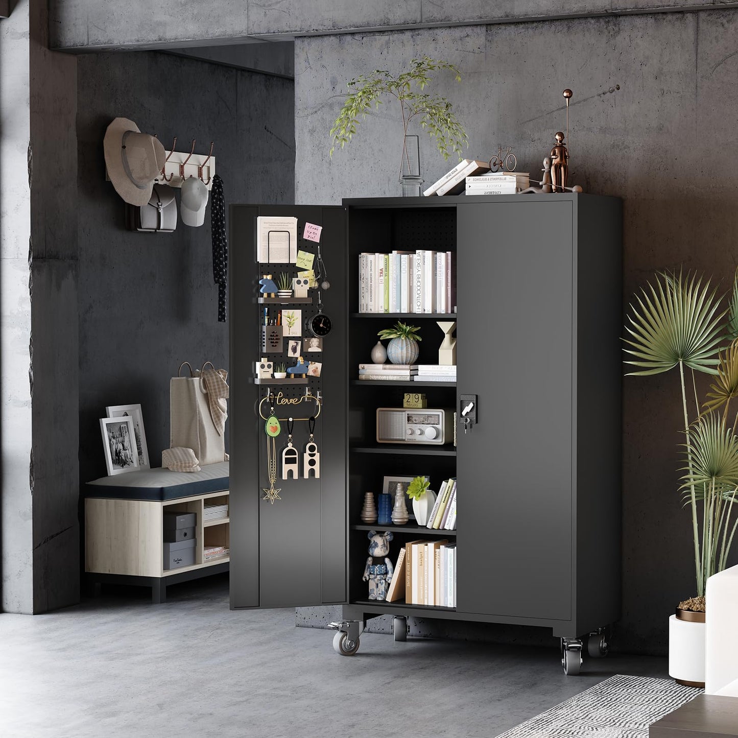 ANTISTA Large Metal Cabinet Two Lockable Doors Four Wheels,Four Adjustable dividers can be Used as Tool File Storage Suitable for garages Schools Gyms Offices