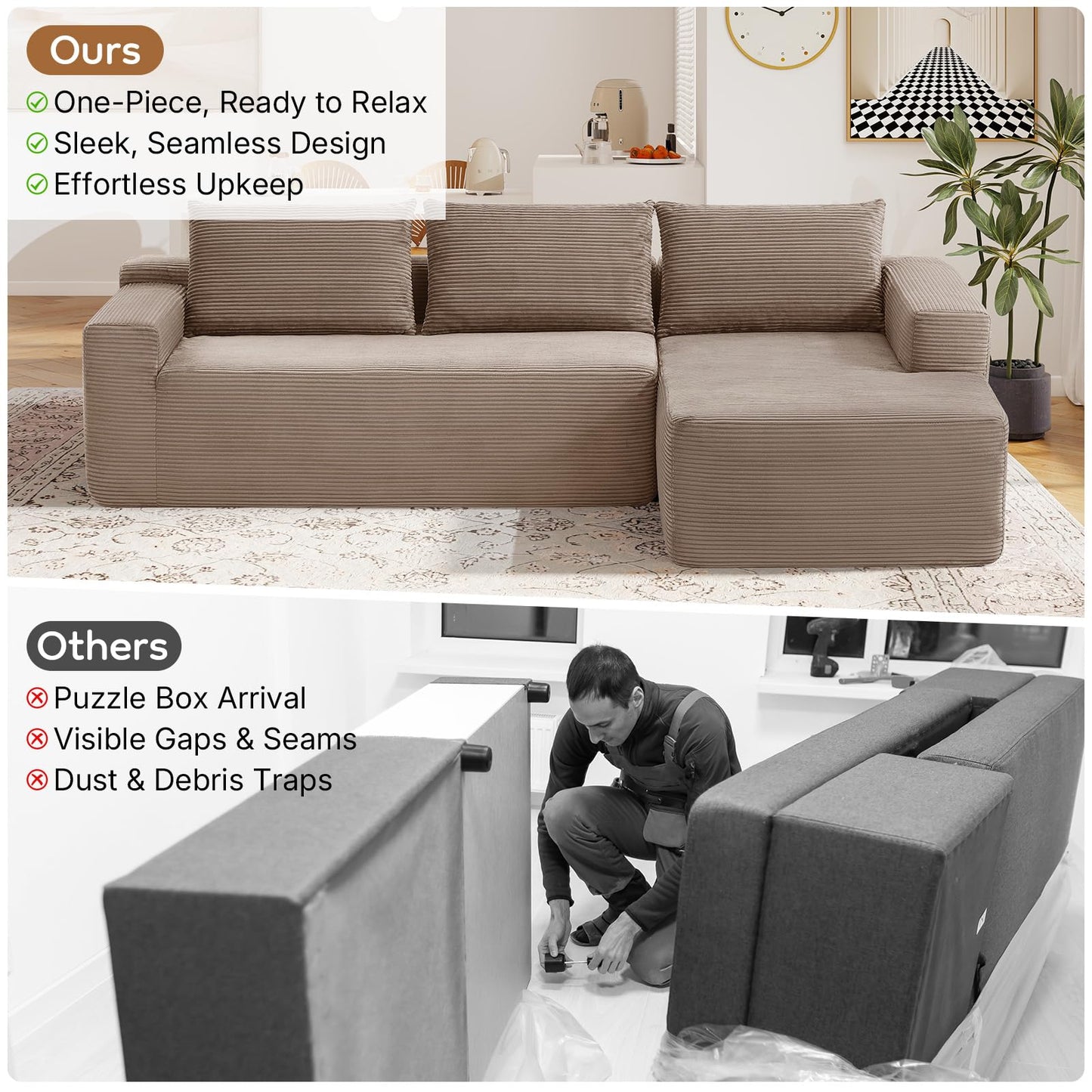 Skepphlay 97" L Shaped Boneless Couches fo Living Room, Modular Sectional Sofa, Camel Corduroy Compression Couches for Small Spaces, No Assembly Required (Right Facing Chaise)
