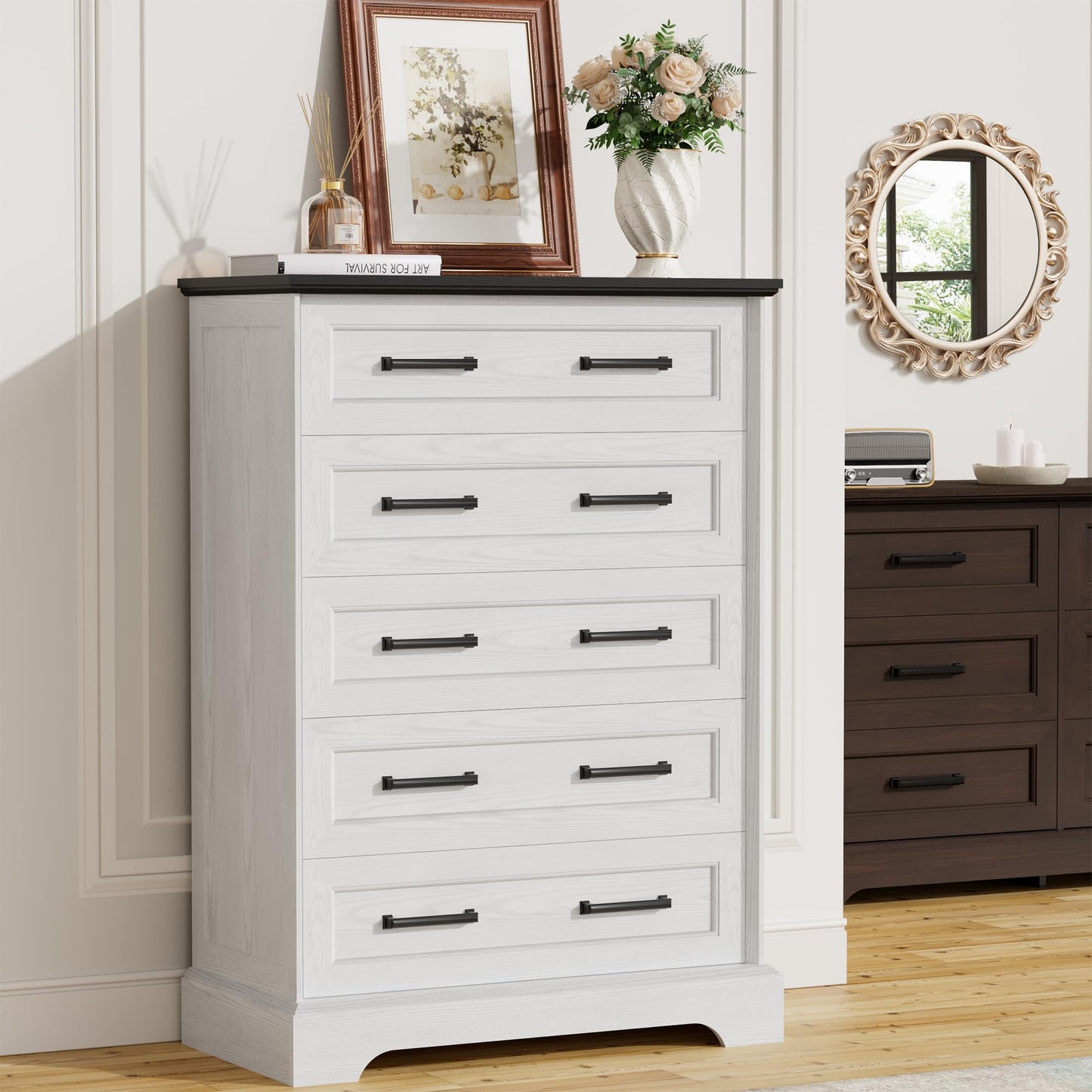 Furmax Farmhouse Dresser for Bedroom, 5 Drawers Dresser, Wood Chest of Drawers, 31.5" Wide Storage Dressers Organizer for Bedroom, Living Room (White and Black)
