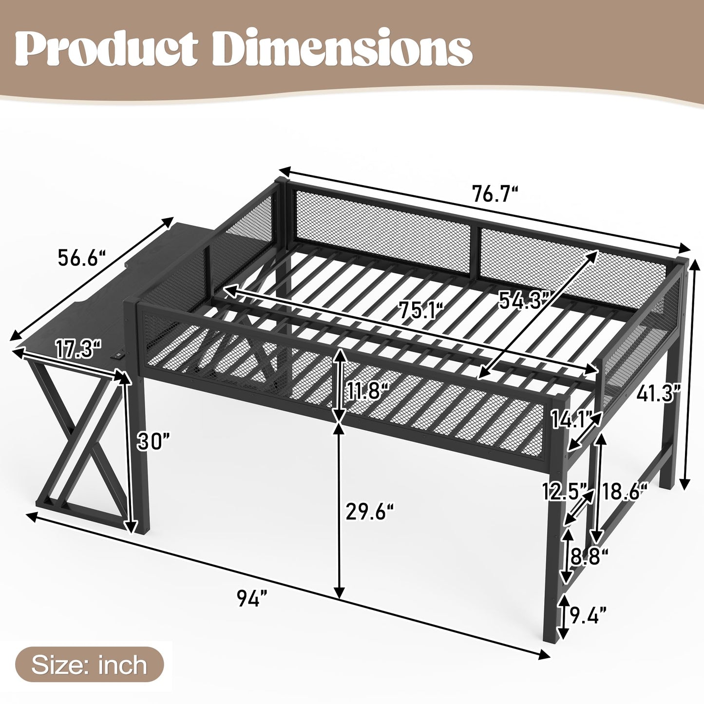 Bellemave Metal Full Low Loft Bed with Desk, LED Lights & Charging Station, Gaming Loft Bed Frame for Boys, Girls & Teens, Space-Saving Kids Full Loft Bed, Black