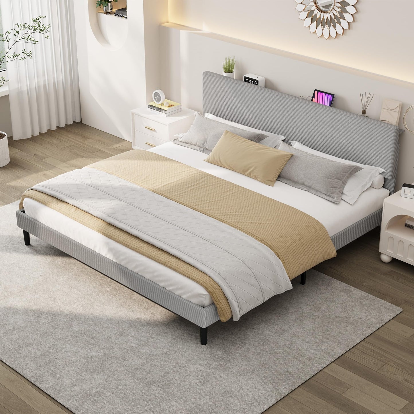 GarveeHome King Size Bed Frame with Adjustable Upholstered Headboard, Platform Bed Frame with Storage Shelf and Charging Station, Strong Wood Slats, No Box Spring Needed, Noise-Free, Light Gray