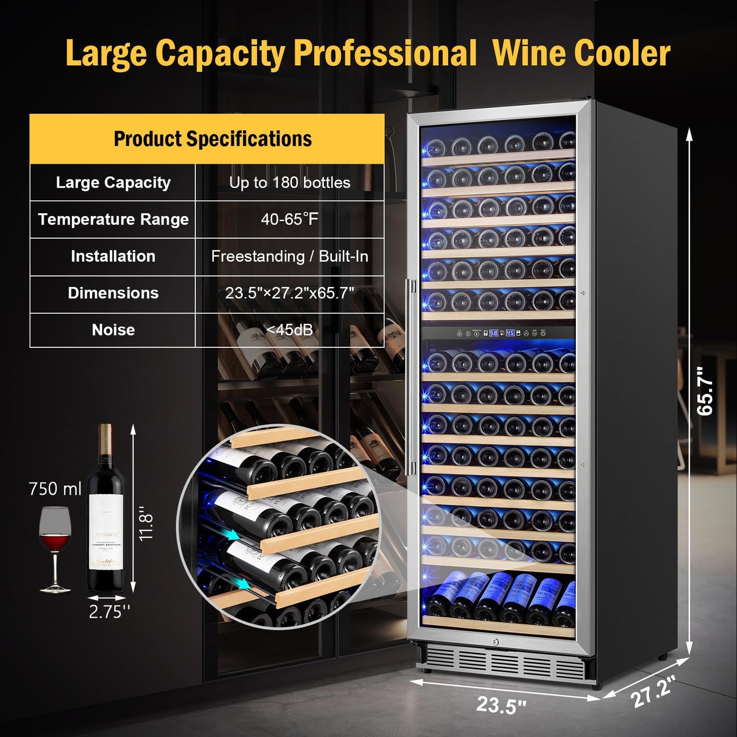 FoMup Wine Cooler Refrigerator 24 Inch, 180 Bottles Large Wine Fridge Dual Zones, Tall Freestanding/Built-in Wine Cellar Professional with Reversible Door Sliding Rail Shelves