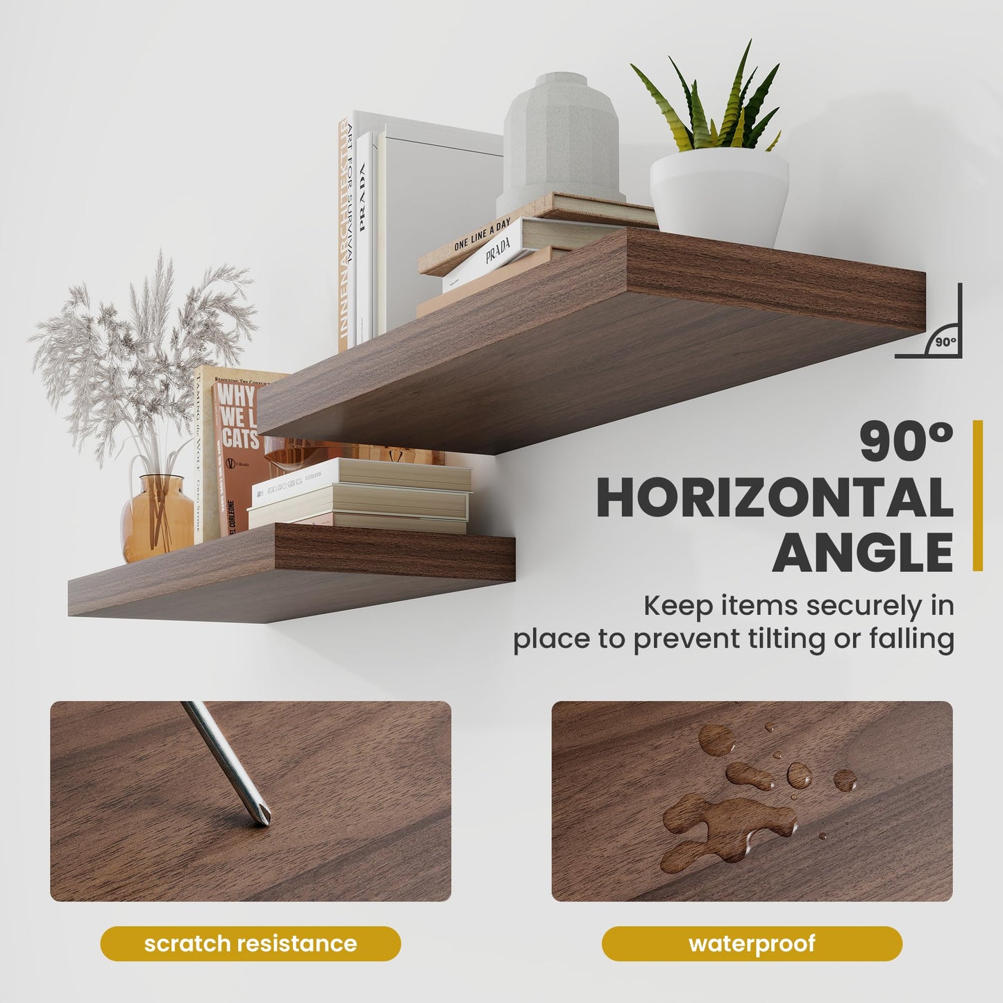 Acovy 72 Inch Floating Shelves, 9.3" Deep Floating Shelf Wall Mounted, 72" Wall Shelves, Rustic Deep Bookshelf, Large Display Shelves & Storage Shelves for Bedroom, Living Room, Walnut, Set of 2