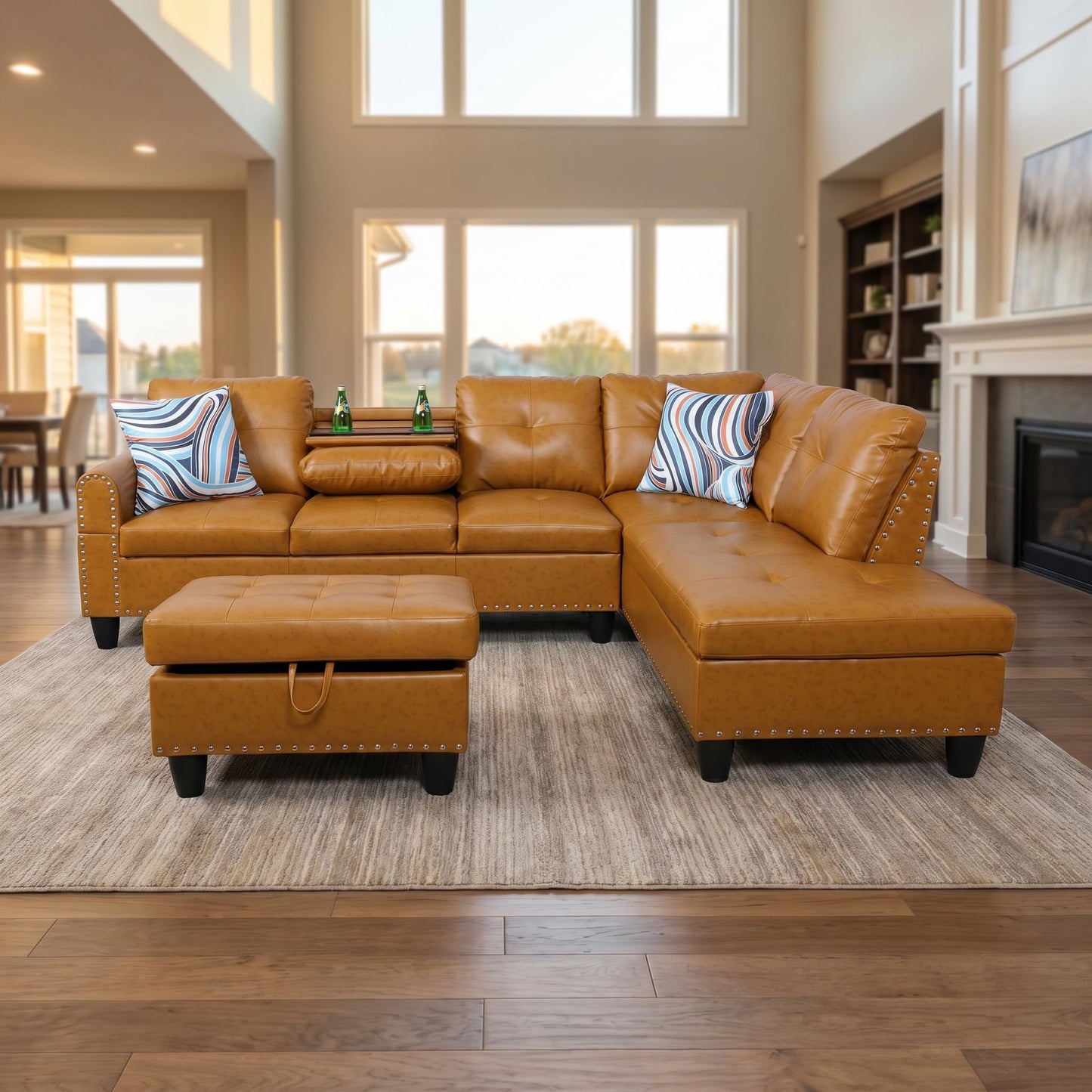 Trygoal Leather 3-Piece L-Shaped Couches for Living Room, Sectional Sofa with Storage Ottoman & Movable Chaise, Modular Convertible Couch for Bedroom & Apartment, Mustard Yellow