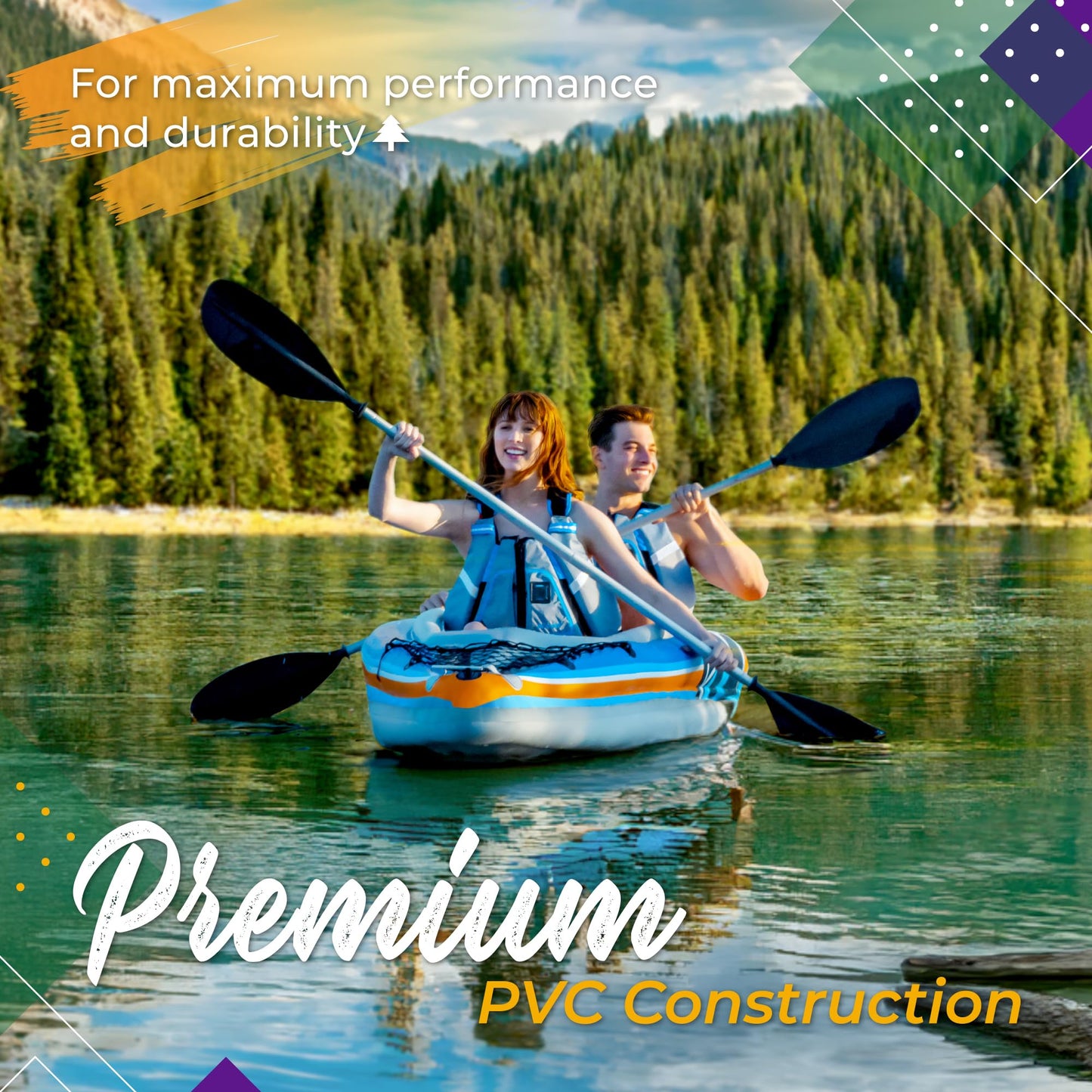 Sunlite Sports Inflatable Kayak 2 Person, Portable Inflatable Boat with Aluminum Oars, Lightweight Easy Setup Tandem Kayak with High Output Air Pump & Carry Bag for Lakes & Rivers, 400 LB