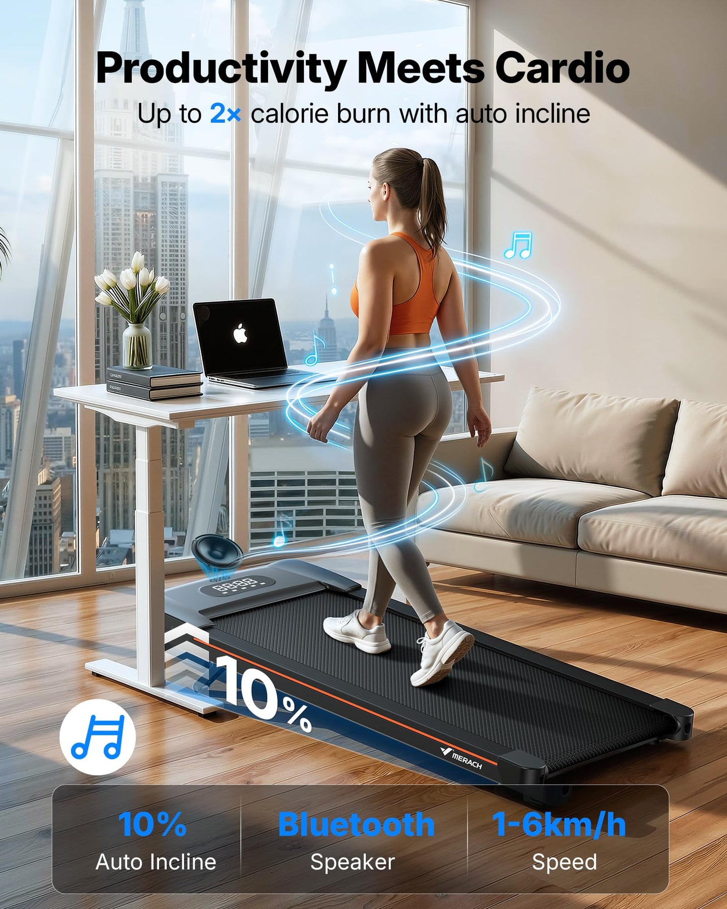 MERACH Walking Pad Treadmill with Incline 10% Auto Incline, Under Desk Treadmills for Home, 350LBS Capacity Compact Treadmill 3.0HP Strong Walkingpad with Bluetooth Speaker W50 Lite Walkpad