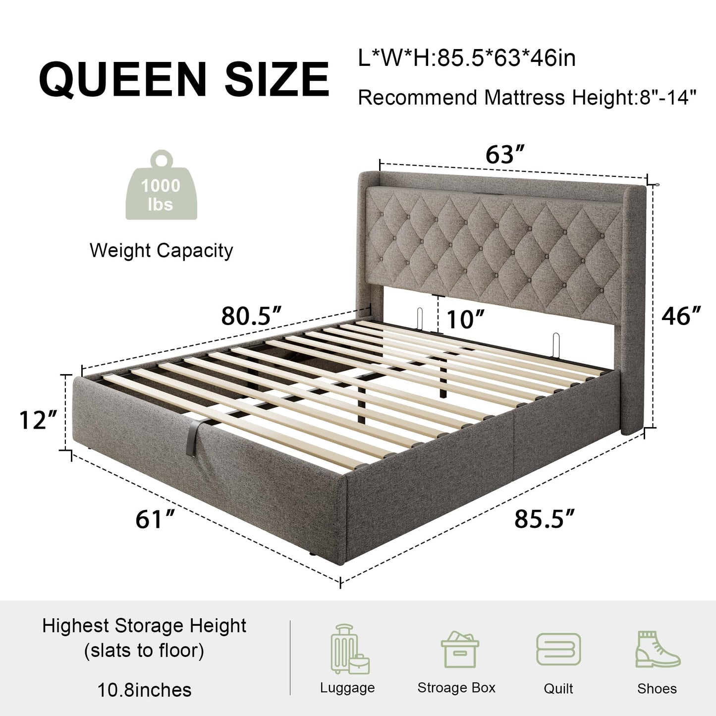 Feonase Queen Bed Frame with Storage & Charging Station - Hydraulic Lift Up Platform Bed, Upholstered Button Tufted Headboard, Sturdy Wooden Slats, Noise-Free, No Box Spring Needed,Light Gray