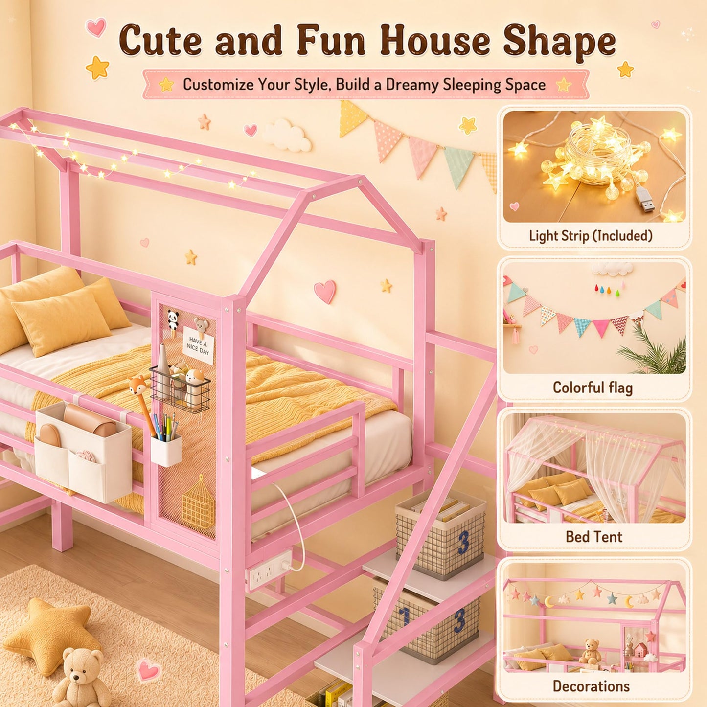 Firscook Twin Loft Bed with Stairs, Charging Station, Storage & Light Strip, Metal House Shape Loft Bed Twin Size, Heavy-Duty Loft Beds Frame for Kids, Teens, No Box Spring Needed, Pink (Pink, Twin)