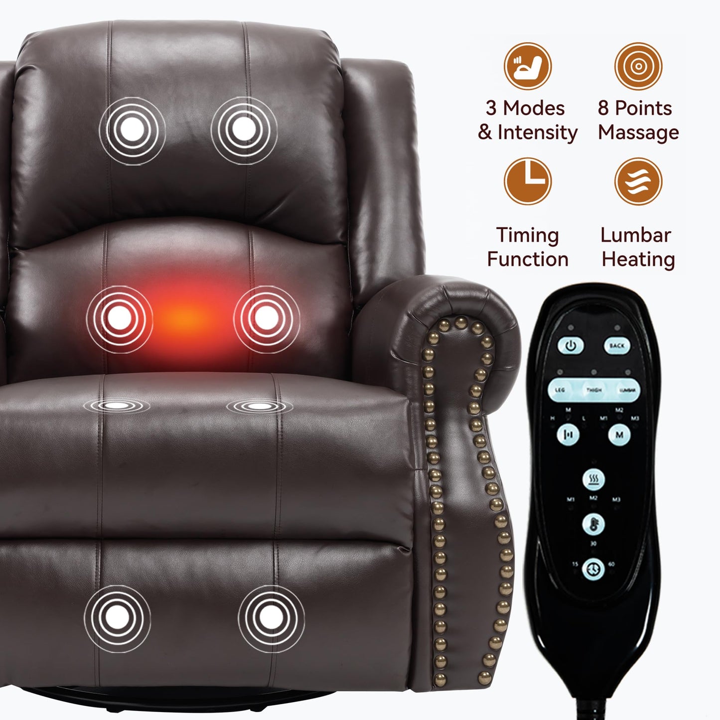 GDFStudio Heat Massage Swivel Rocker Recliner Chair, Manual Fabric Recliner with 360° Swivel, Rocking Function, Lumbar Heat and 8-Point Massage, Overstuffed Living Room Reclining Chair, Brown