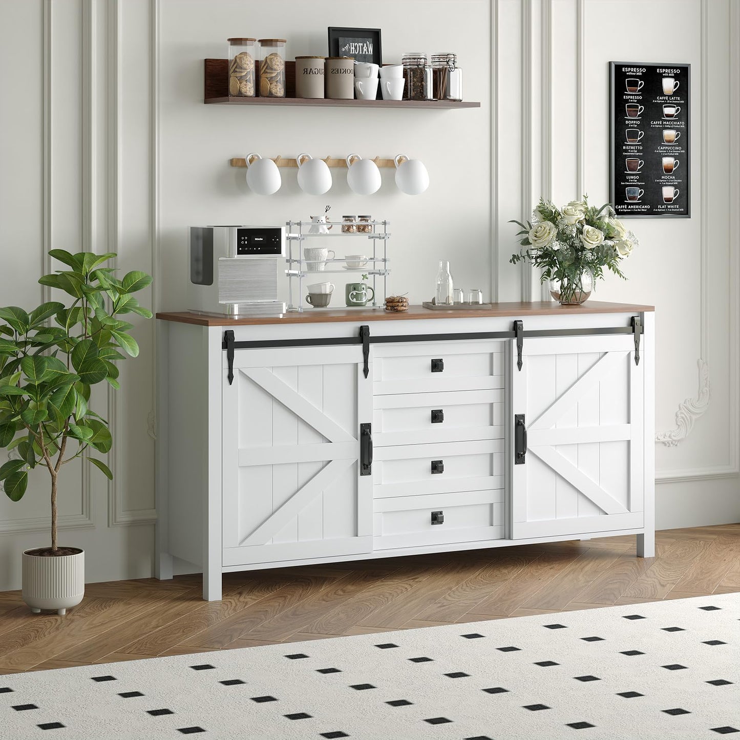 60" Farmhouse Sideboard Buffet Cabinet with Sliding Barn Doors & 4 Drawers, White Kitchen Cabinet with Storage for Dining Room, Coffee Bar, 31.5" Tall Wooden Sideboard TV Stand Console Table