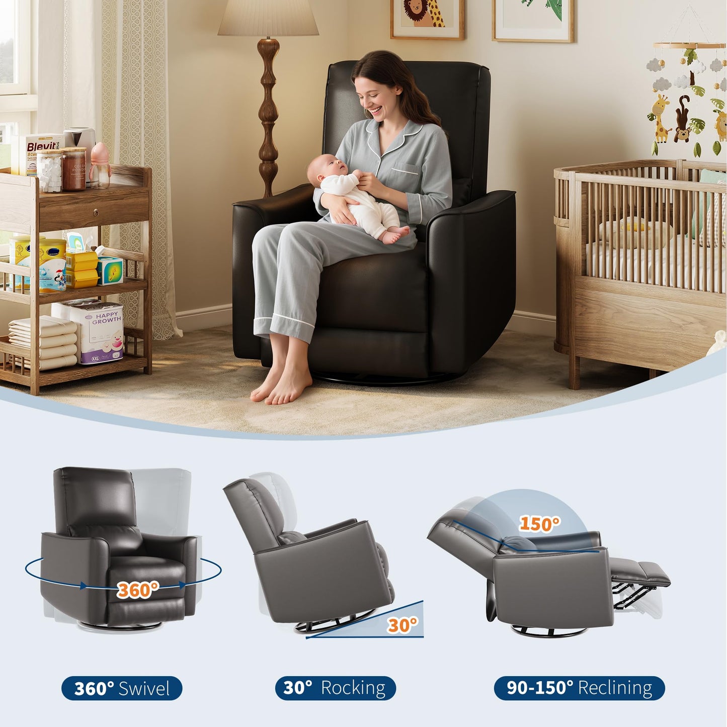 GarveeHome Recliner Chair, 360° Swivel Rocker Glider Nursery Chair with Padded Armrest and Deep Seat, PU Leather Upholstered Reclining Sofa Chair for Living Room, Bedroom and Nursery (Charcoal)