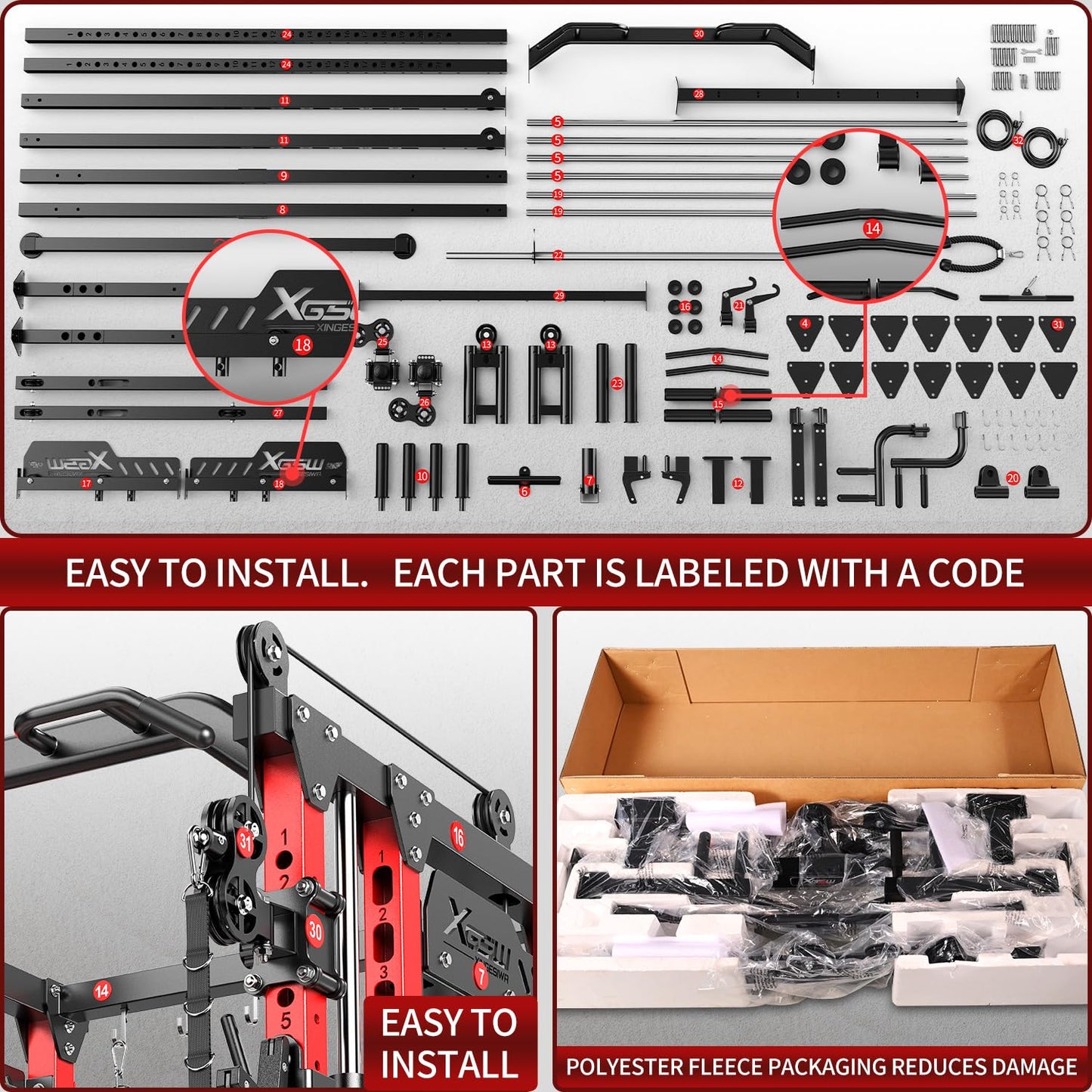 Smith Machine with Cable Crossover System, Multi-Function Power Cage Squat Rack for Home Gym, Power Rack and Packages Weight Sets. (Red, L04-Smith Machine+Bench+(Pole+Cast lron) 250LBS)