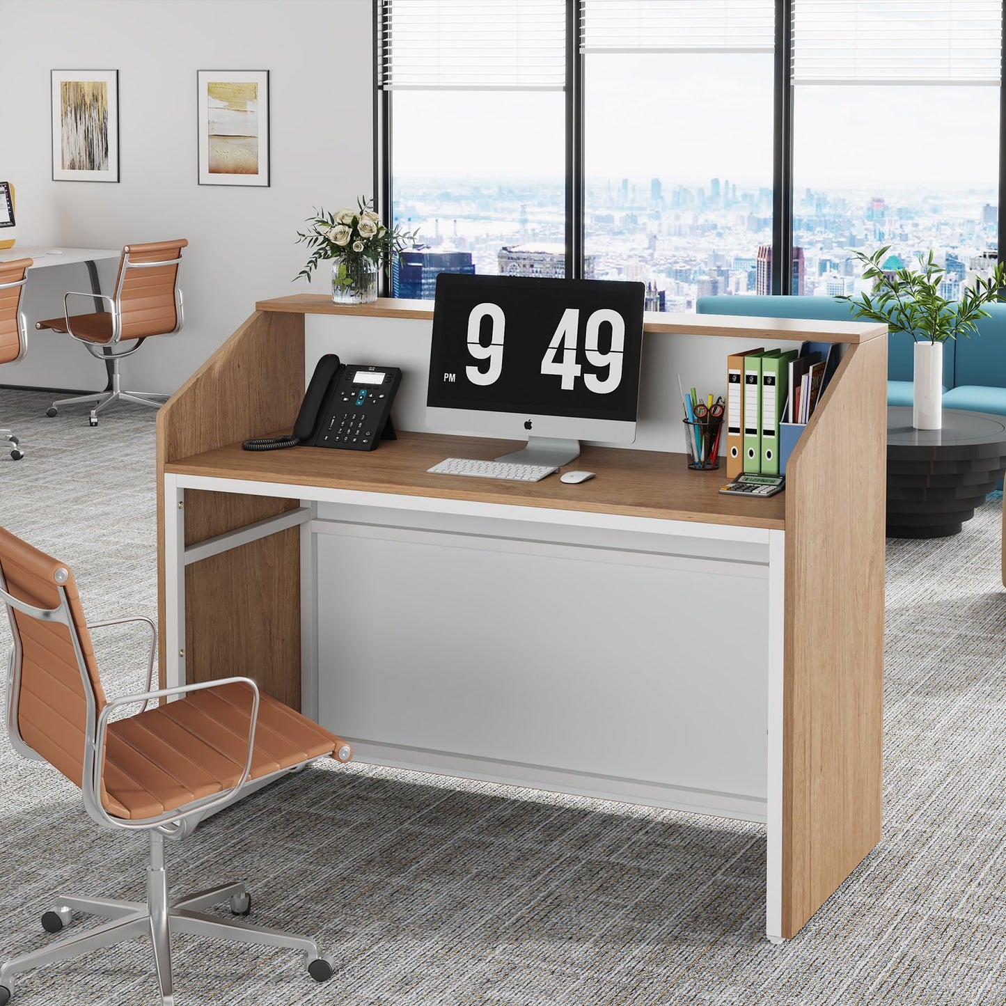 LITTLE TREE 47-Inch Reception Desk with Counter, Oak Front Desk Reception Room Table, Retail Counter for Checkout, Modern Welcome Desk for Lobby, Office, Beauty Salon