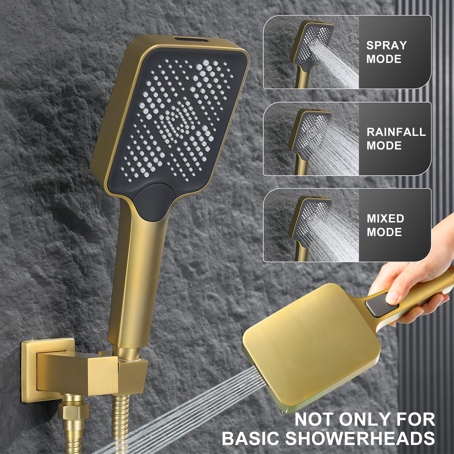 Bathtub Shower Faucet Set with Pressure Balance Valve, 12" Ceiling Mount Shower System with Tub Spout Multi-function Handheld Head Push Button Diverter Shower Trim Kit, Brushed Gold