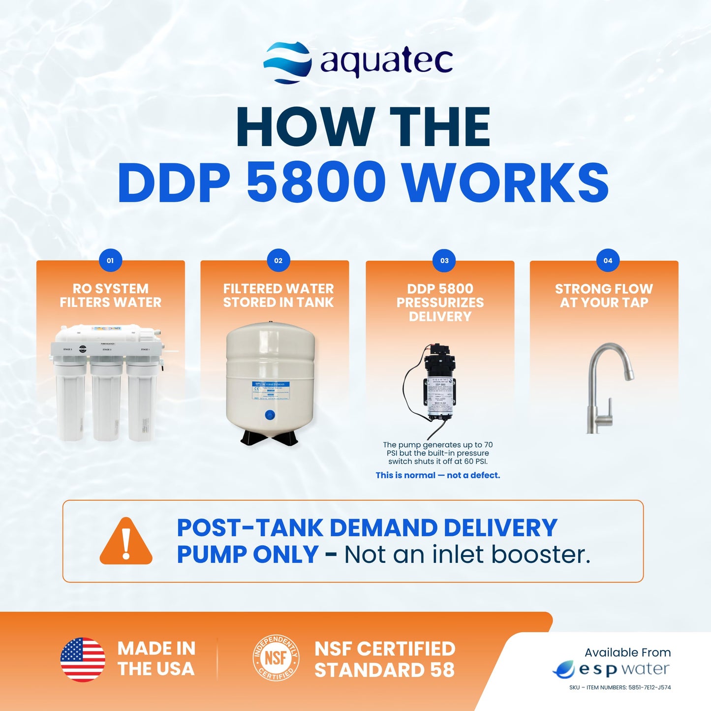 Aquatec DDP 5800 RO Delivery Demand Pump, 0.7 GPM, 3/8-Inch Quick Connect, 120V – High Flow Rate, Durable, Compact, Quiet, Compatible with Most Tank-Based Reverse Osmosis Systems 5851-7E12-J574