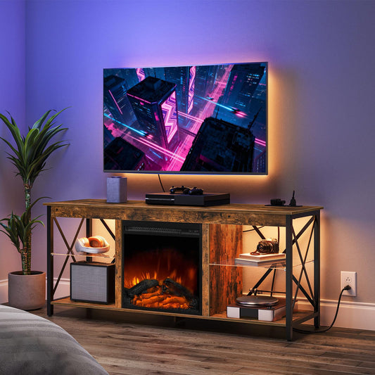 HOOBRO Fireplace TV Stand with Charging Station and LED Lights, TV Stand with Fireplace for TVs up to 65", Entertainment Center with Fireplace, Glass Shelves, Rustic Brown and Black BF140UDDS01
