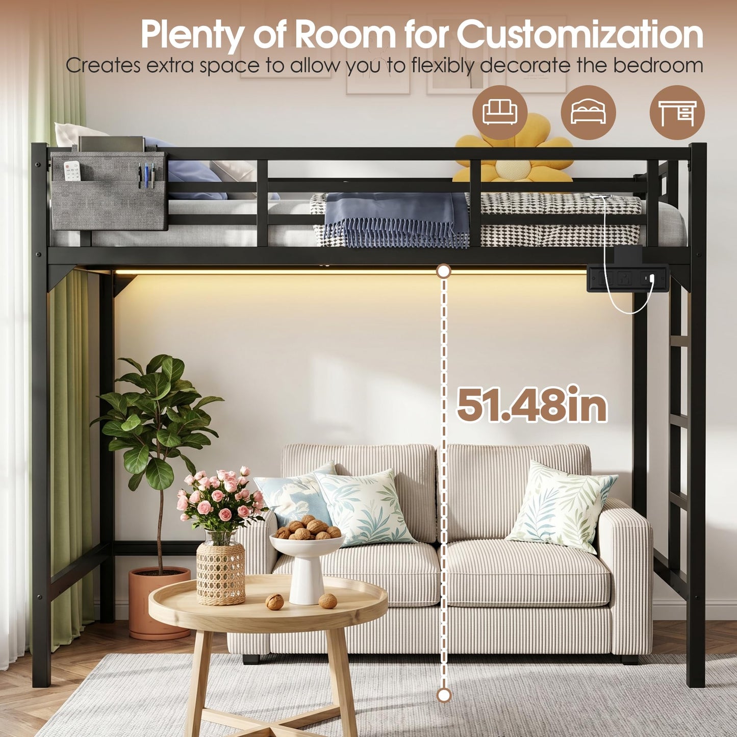 Twin XL Loft Bed with LED Lights & Charging Station, Heavy Duty Metal Bed Frame with Ladder & Guardrail, Reinforced Twin XL Loft Bed with Storage Pocket Space-Saving for Adults, Guest Room, Dorm