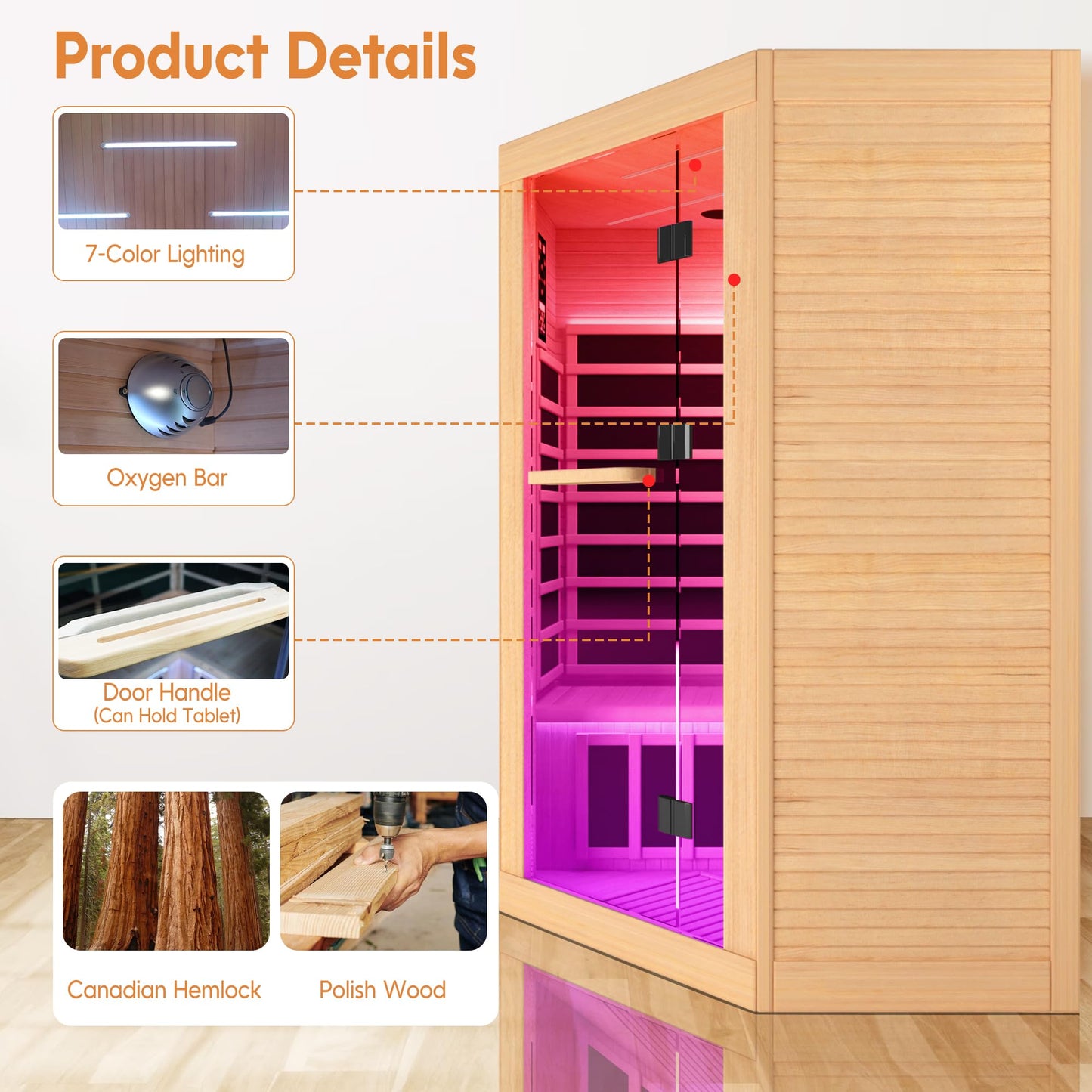 RIGO 2-3 Person Infrared Sauna Cabin — 2180W Home Dry Sauna Cabin with Bluetooth Speaker, Low Electromagnetic Radiation Spruce Wood Interior Dimensions: 47.2 x 47.2 x 74.8 inches