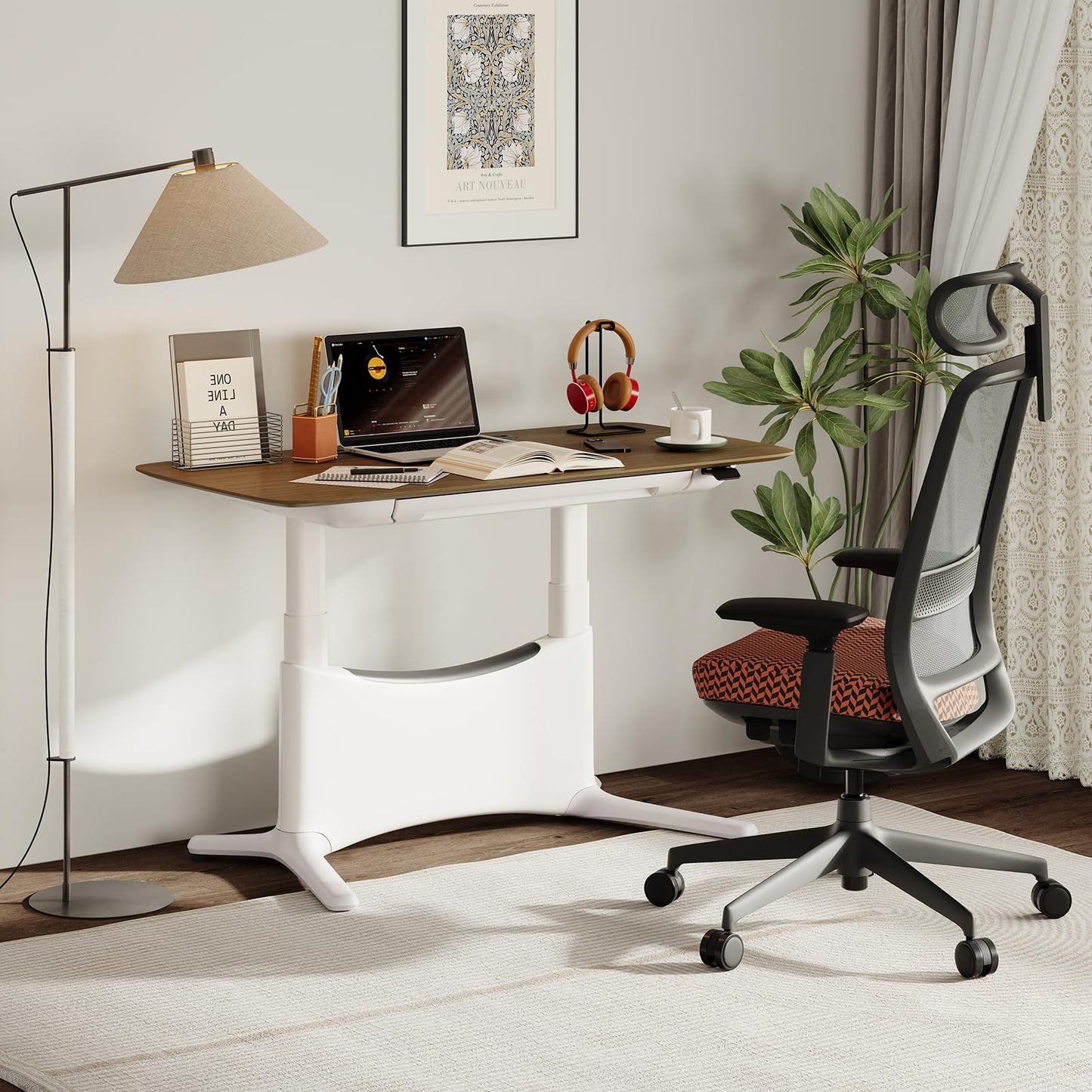 COLAMY Electric Adjustable Standing Desk – 48 x 28 Inch Sit Stand Desk with Drawer & Cable Management, Dual Motor Lift System, Ergonomic Footrest, Home Office Table (Veneer Desktop, Walnut + White)