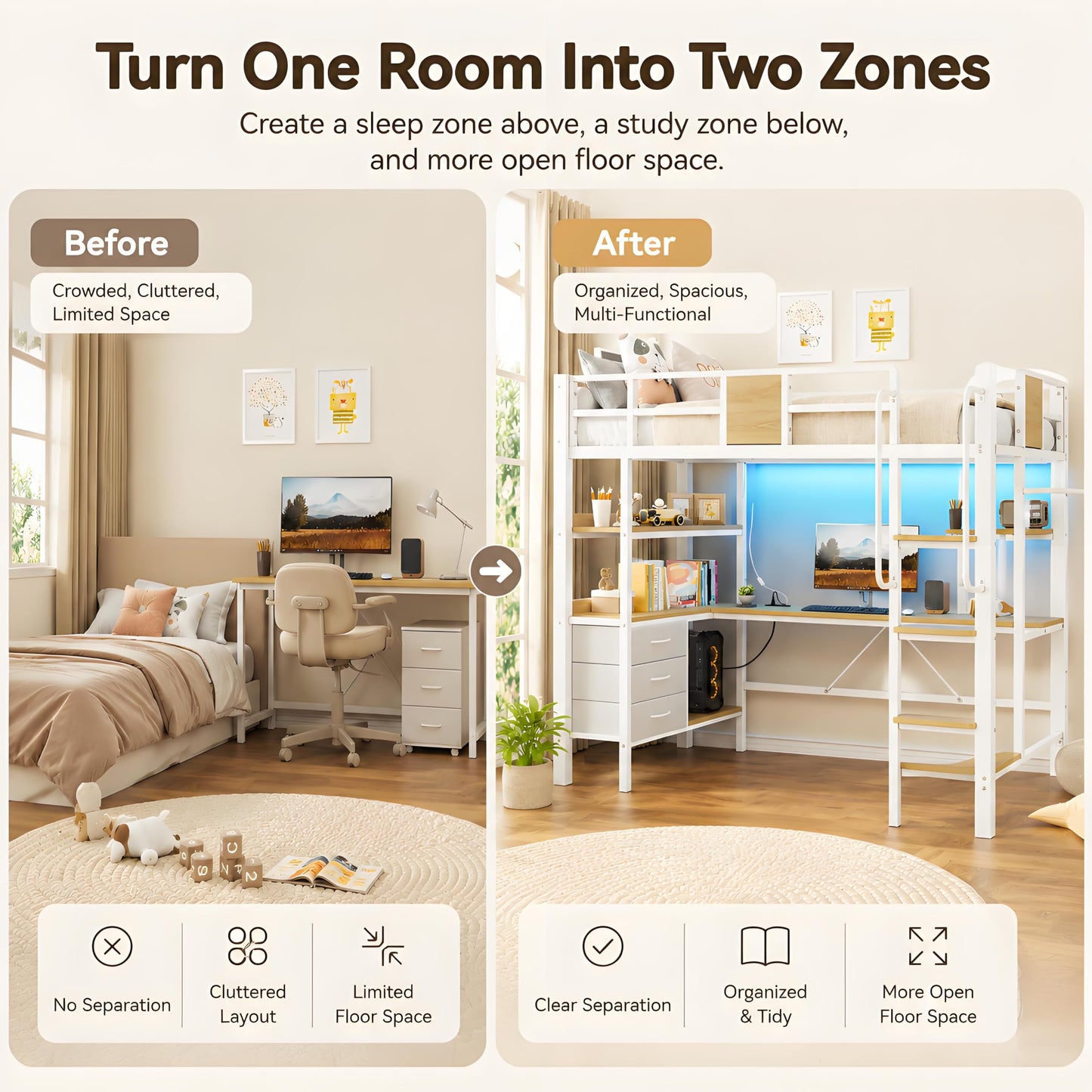 GarveeLife Twin Size Loft Bed Frame with Desk and Storage Shelves, Metal Loft Bed with Ladder and Full-Length Guardrails, Space Saving Kids Bed with Built-in Workstation for Bedroom, White