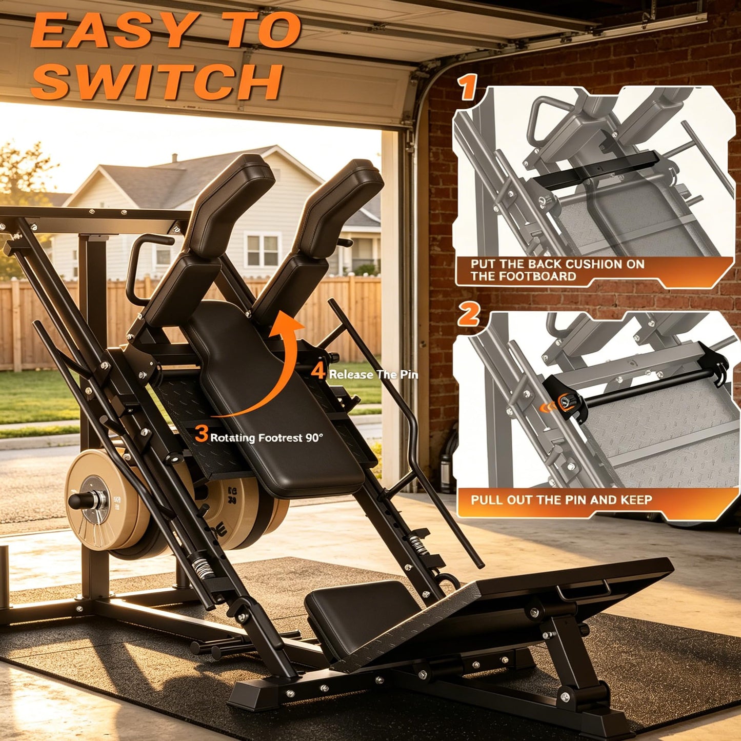 Leg Press Hack Squat Machine 2-in-1 for Home Gym, Linear Bearing System, 1200LB Capacity, 4-Position Safety Stops & Weight Storage, Lower Body Workout Equipment (Weights Not Included)