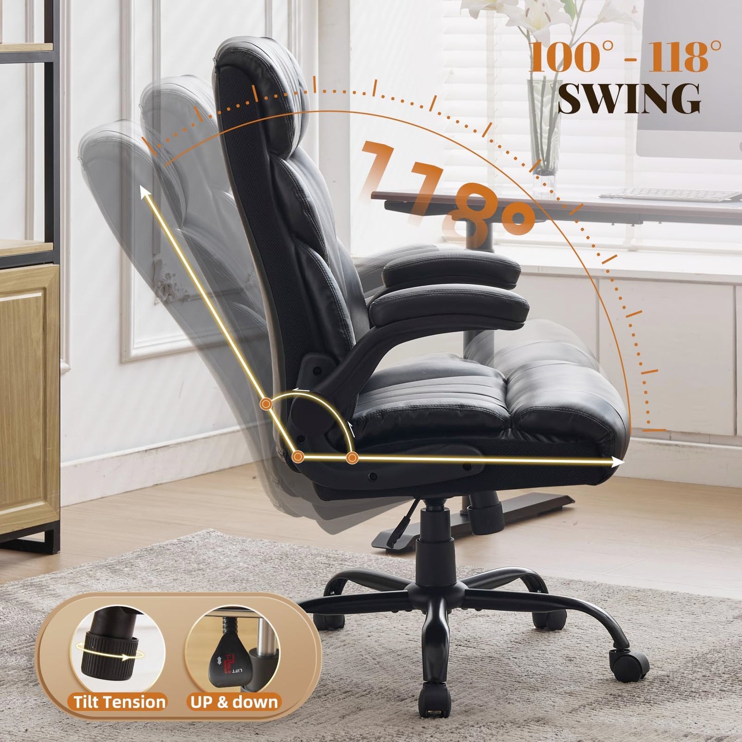 Big and Tall Office Chairs with Adjustable Flip-up Armrests,500LBS Wide Ergonomic Gaming Chair,100-118°Recline Executive Leather Computer Chairs with Adjustable Height,Black