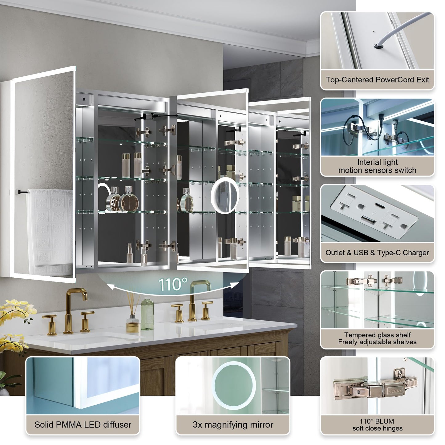 WELLFOR 60" X 36" LED Medicine Cabinet with Mirror, 3X Magnifiying Mirror Cabinet, Defogging/Dimmable Bathroom Mirrored Cabinet, Lighted Medicine Cabinet with Outlets & USB Ports, Three Opening Doors