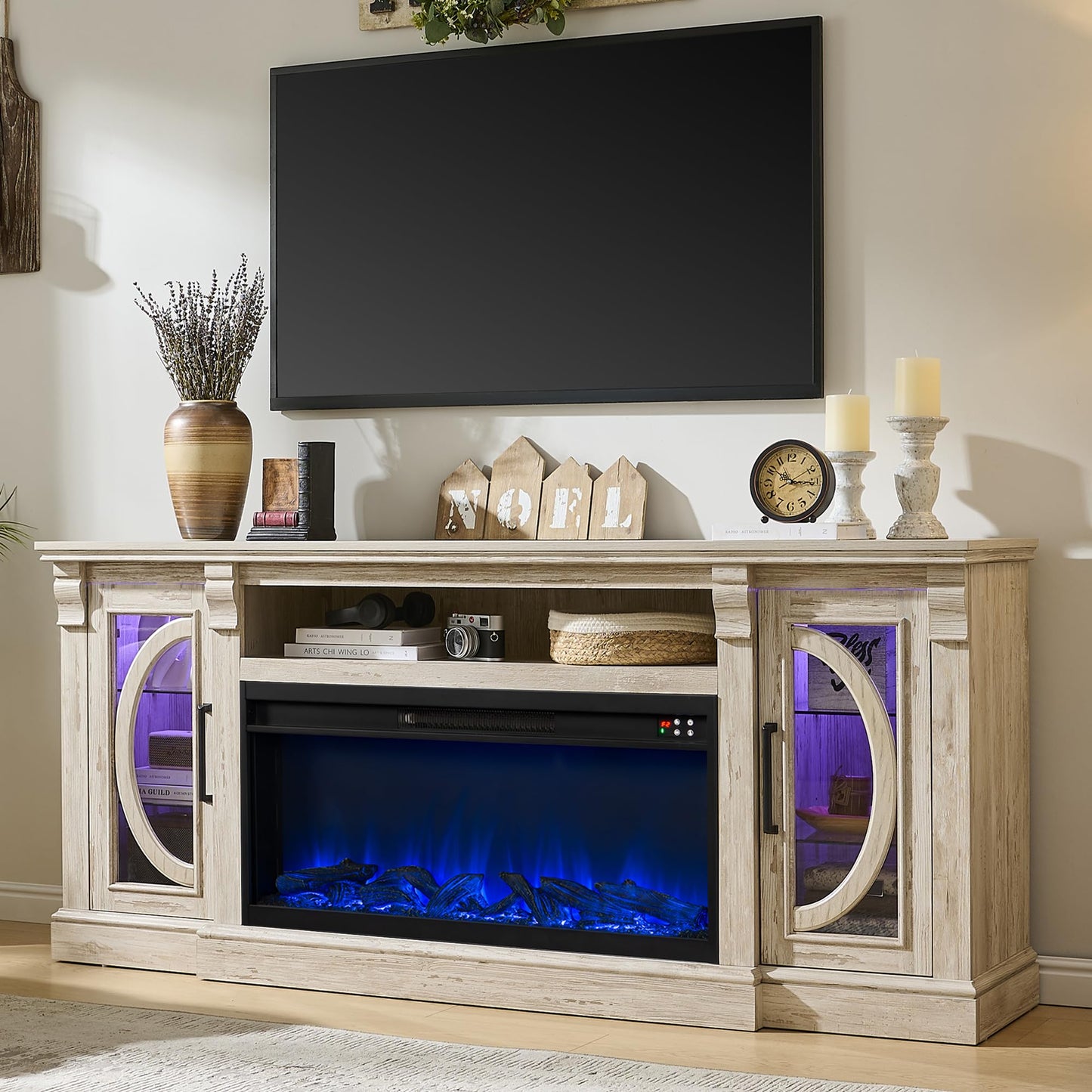 Unineo Crescent TV Stand with Fireplace for up to 80 Inch TV, LED Entertainment Center with 36 Inch Electric Fireplace, Farmhouse TV Console Table w/Glass Door for Living Room, Brushed White