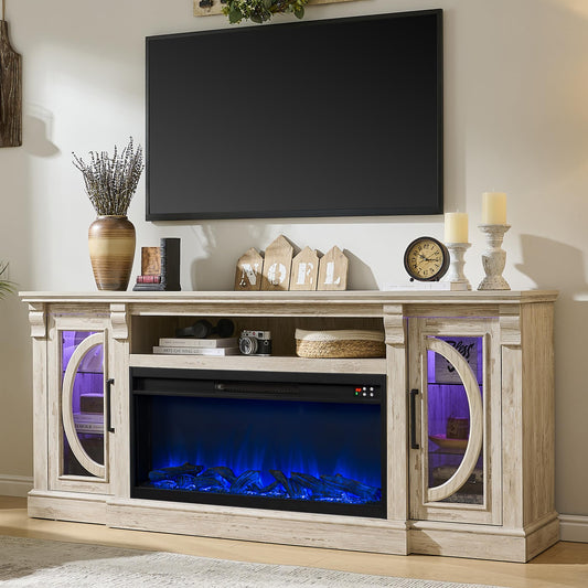 Unineo Crescent TV Stand with Fireplace for up to 80 Inch TV, LED Entertainment Center with 36 Inch Electric Fireplace, Farmhouse TV Console Table w/Glass Door for Living Room, Brushed White