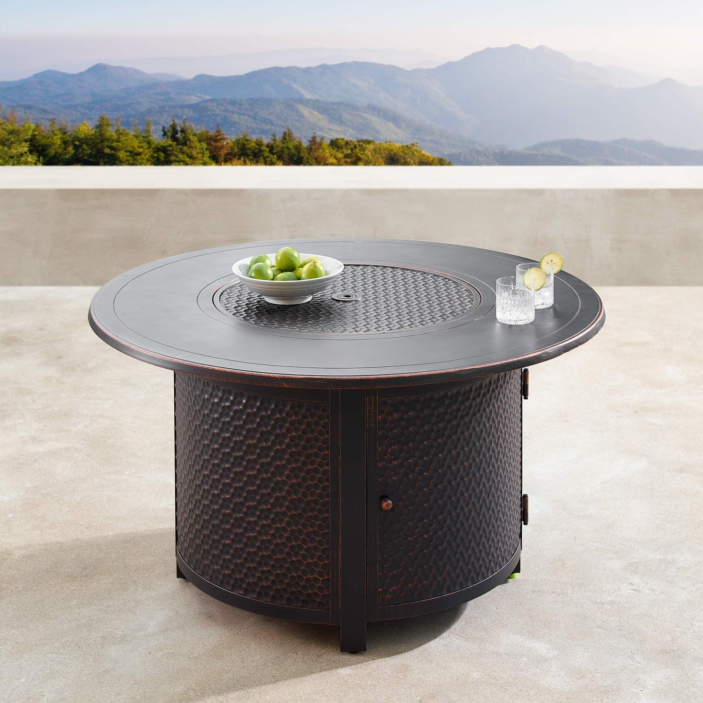 Oakland Living Aluminum 44 in. Round Fire Table Set Four Deep Seating Swivel Rockers, Fire Beads, Lid and Fabric Covers