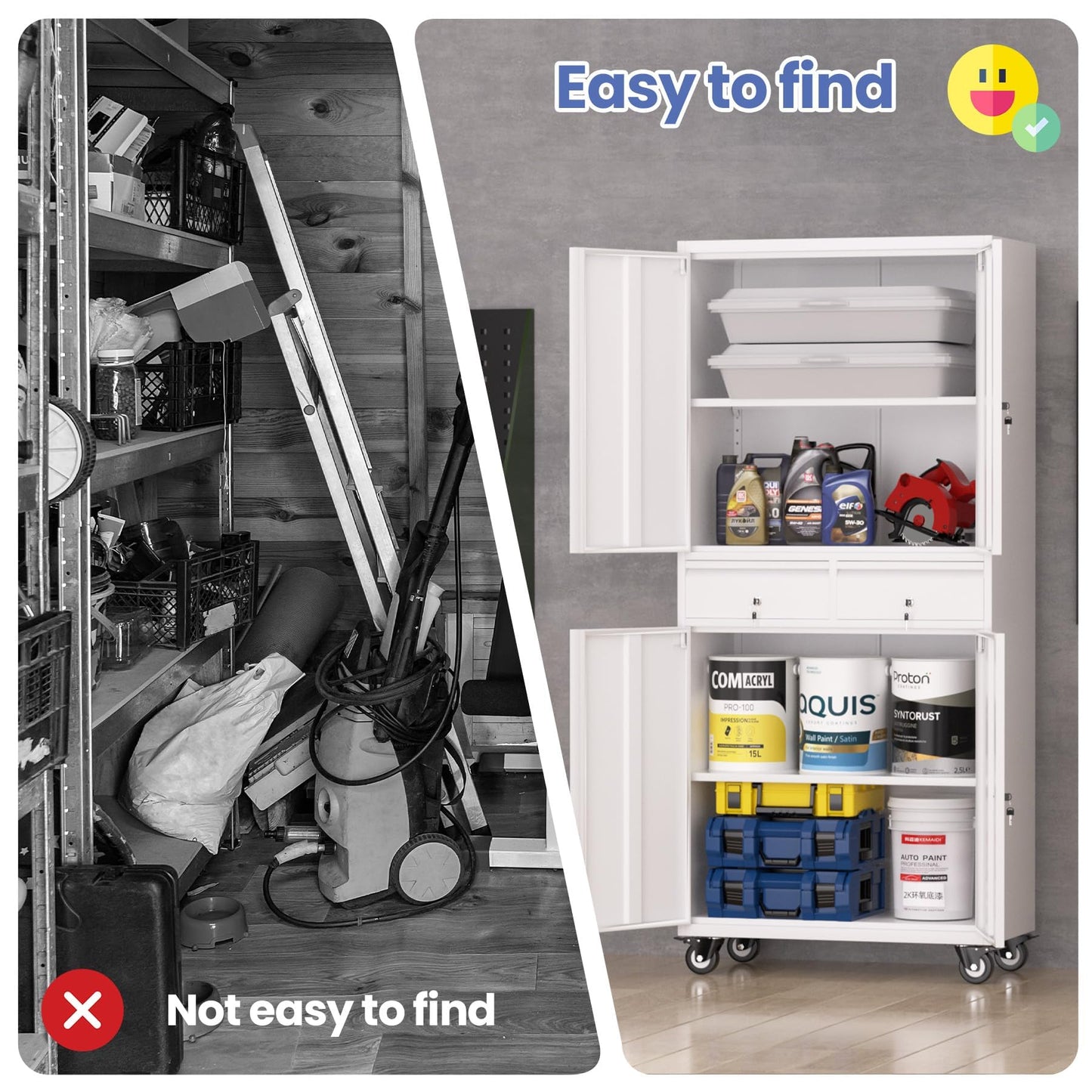 Metal Storage Cabinet with Wheels, 72” Rolling Garage Organizer with Locking Doors & 2 Drawers, Heavy Duty Steel Tool Cabinet with 3 Adjustable Shelves, Lockable Filing Cabinet for Home Office