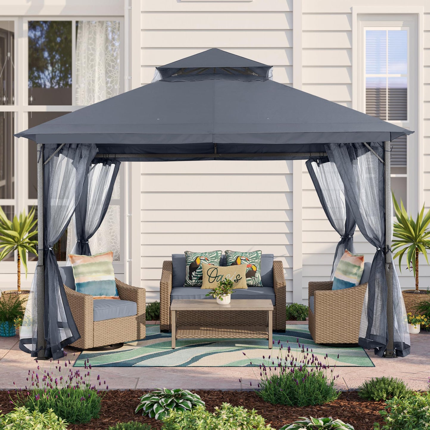 MASTERCANOPY Outdoor Patio Gazebo with Double Roofs, Stable Steel Frame and Mosquito Netting (11x11,Dark Gray)