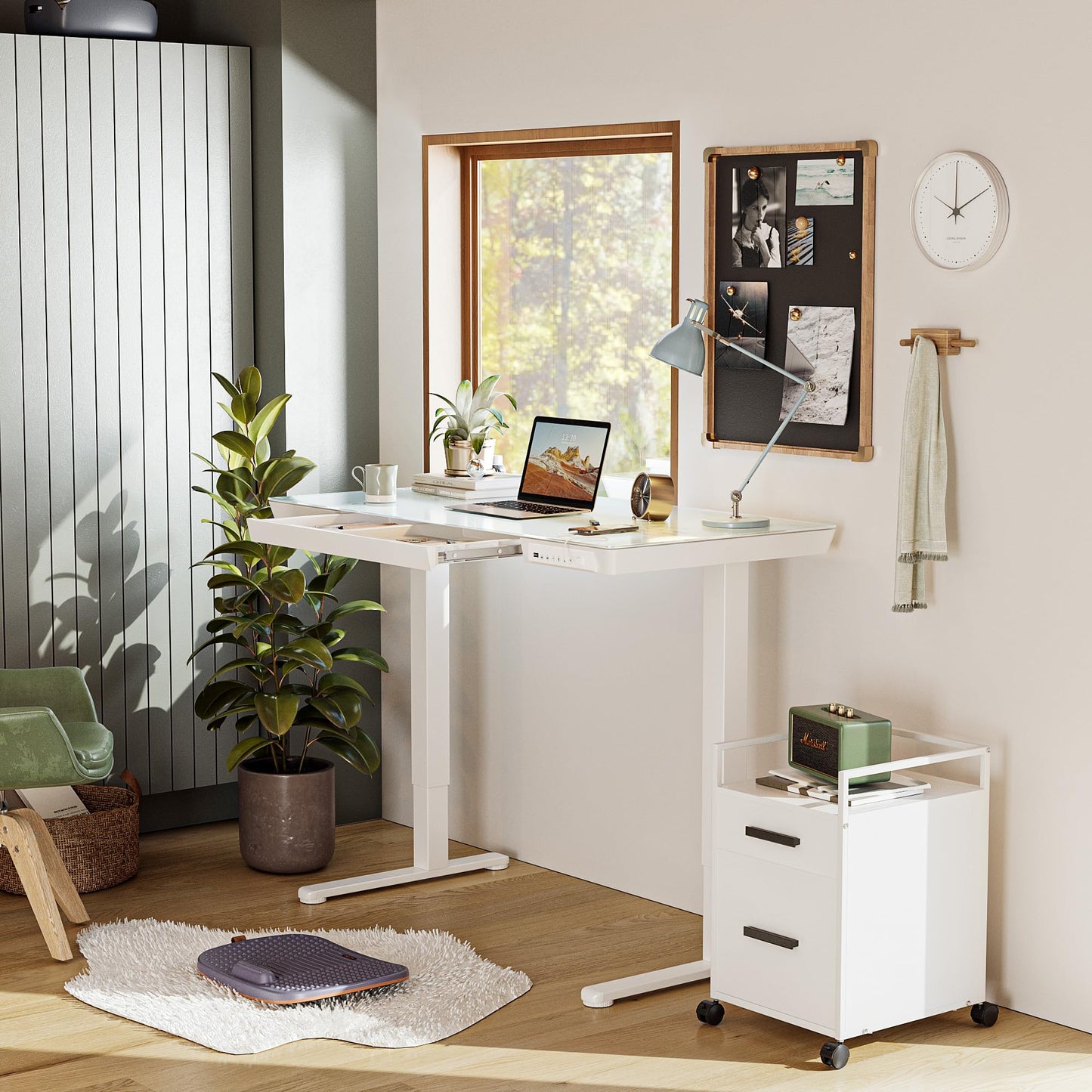 BANTI Electric Standing Desk with Drawers, 48 inch Whole-Piece Glass Desktop, Height Adjustable Stand up Sit Stand Home Office Ergonomic Workstation, White Tabletop