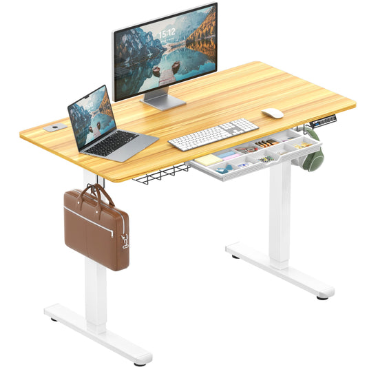 SHW 48-Inch Electric Height Adjustable Standing Desk with Drawer, Memory Preset and Cable Management Tray, Oak