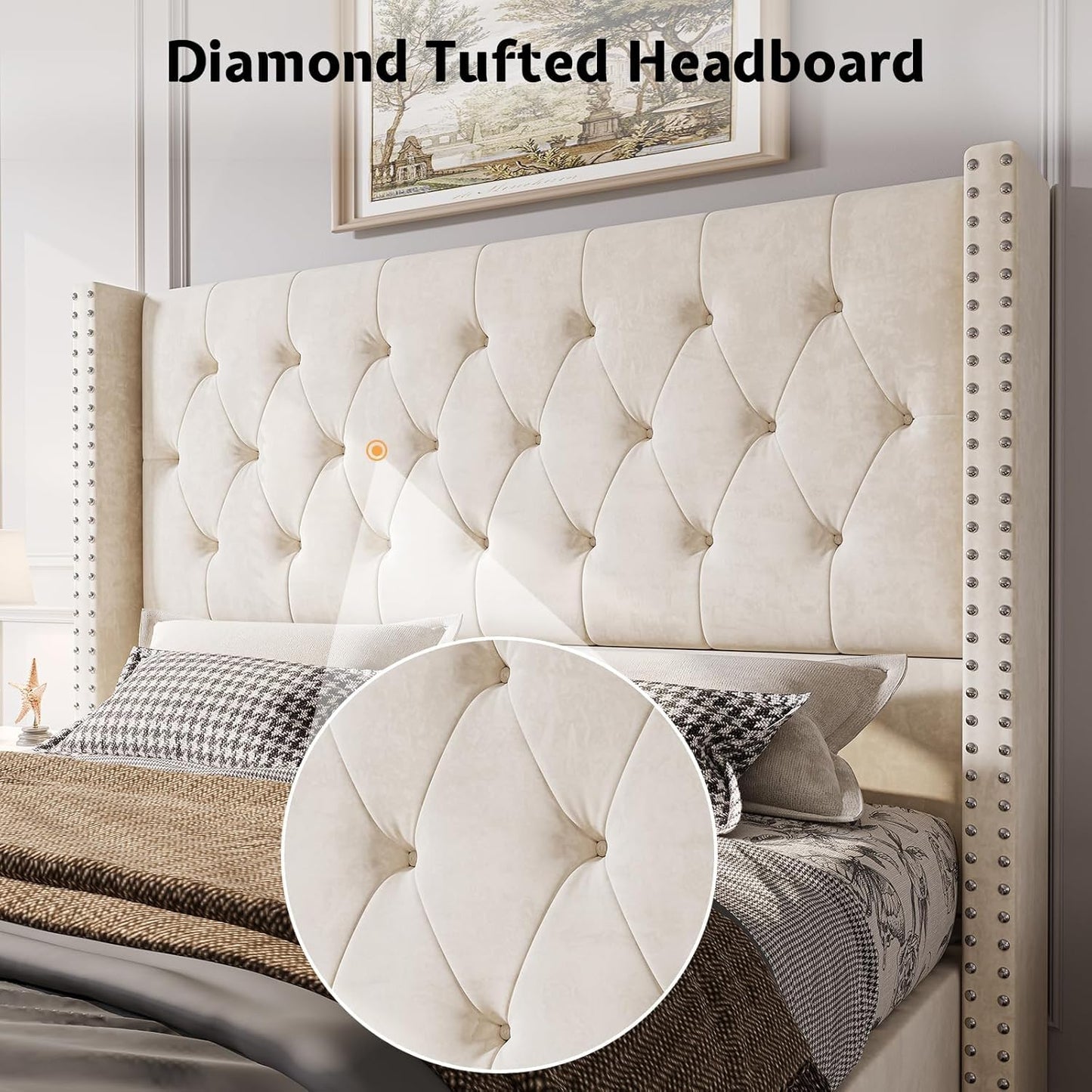 Jocisland Queen Bed Frame Upholstered Bed Wingback Headboard Velvet Tufted Diamond Button/No Box Spring Needed/Easy Assembly/Cream